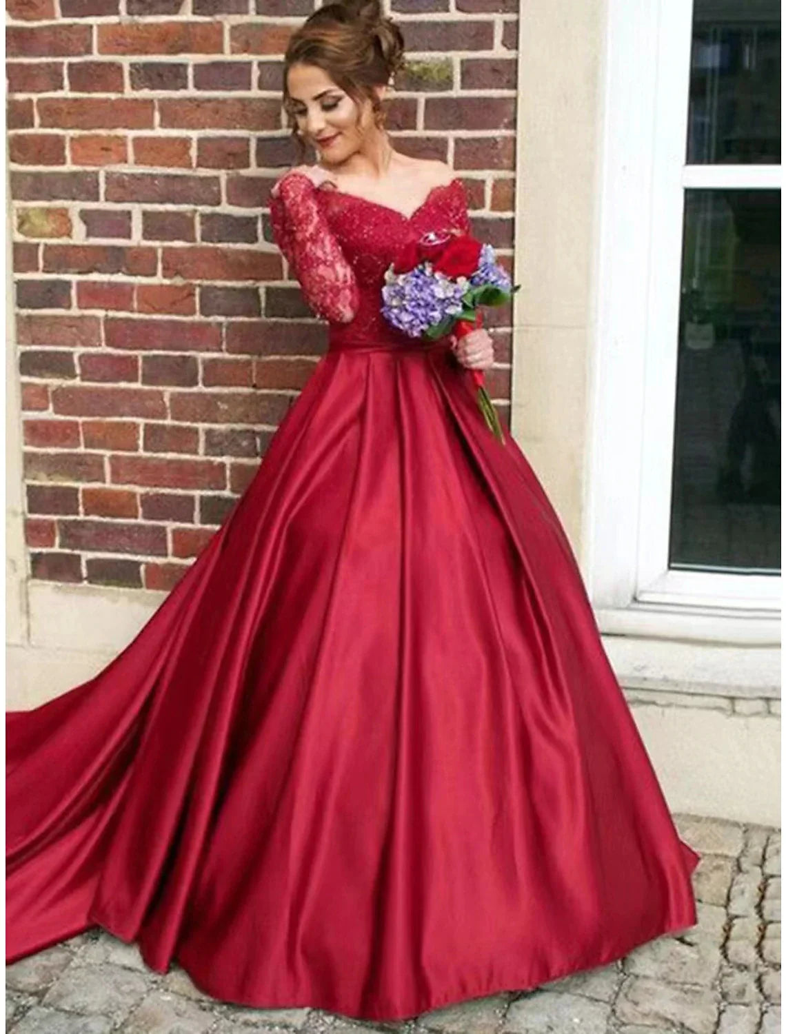 Evening Gown Floral Dress Sweet 16 Chapel Train Long Sleeve V Neck with Appliques