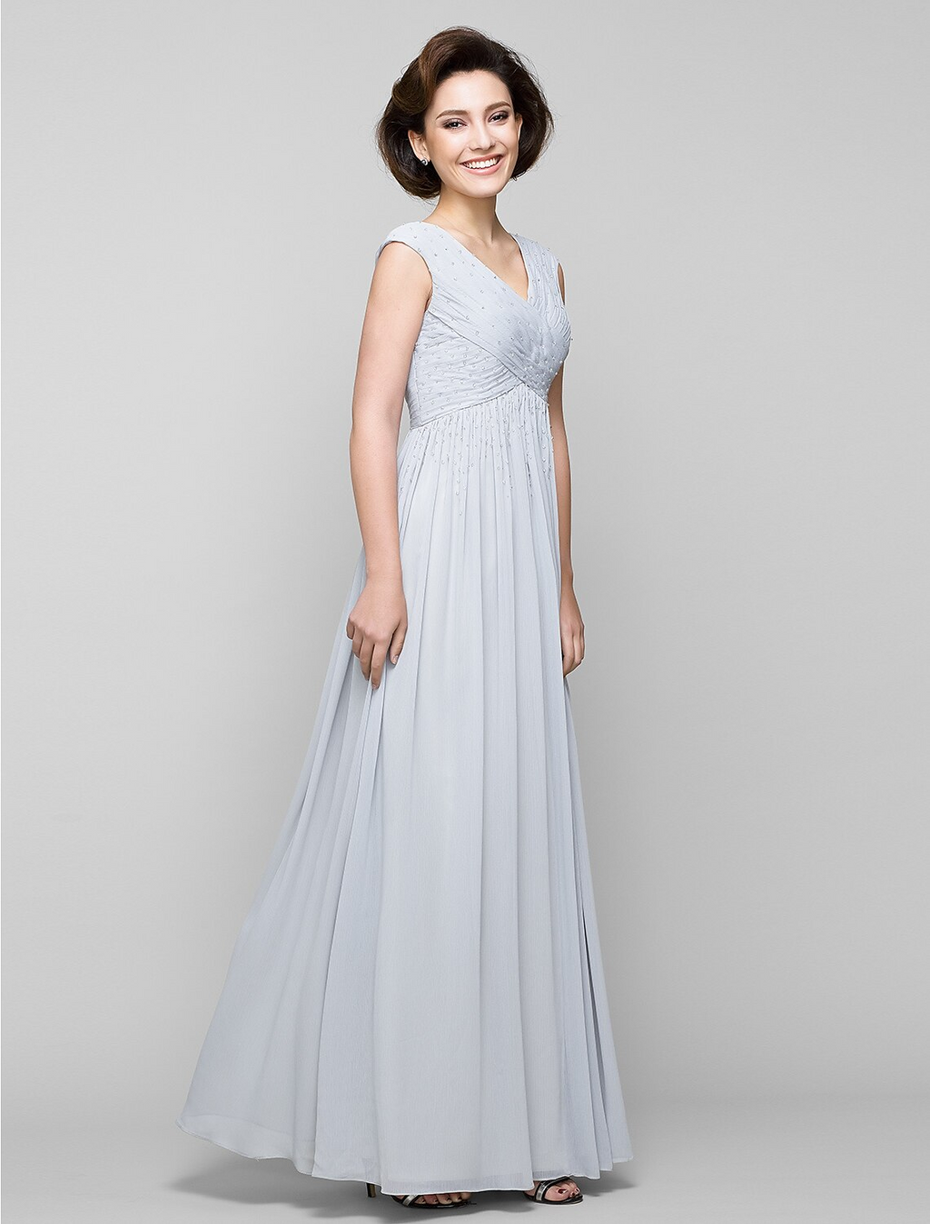 Mother of the Bride Dress Elegant V Neck Floor Length Sleeveless with Cross Beading