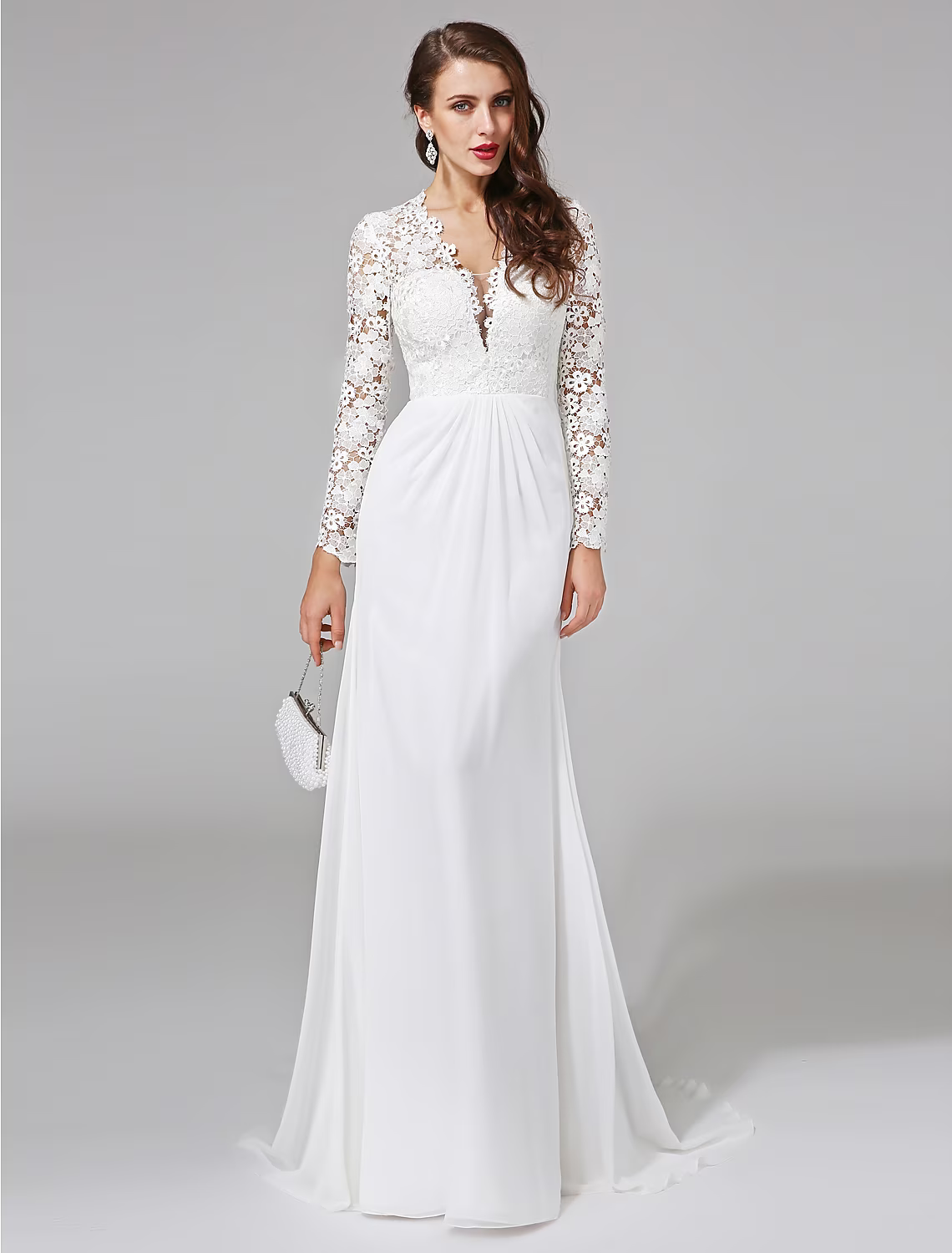 Beach Royal Style Wedding Dresses Long Sleeve V Neck With Button