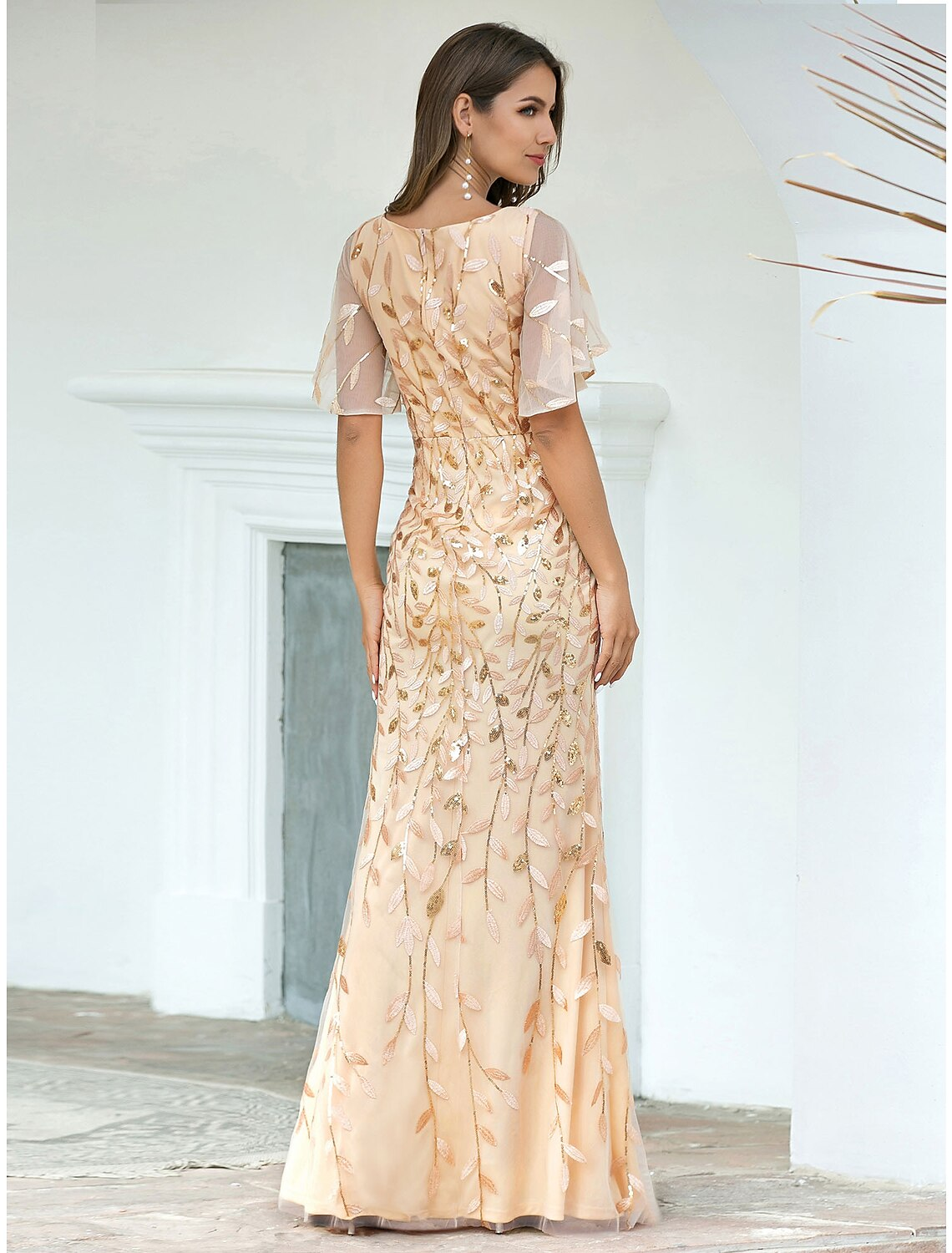 Evening Gown Sparkle Dress Wedding Guest Floor Length Short Sleeve V Neck