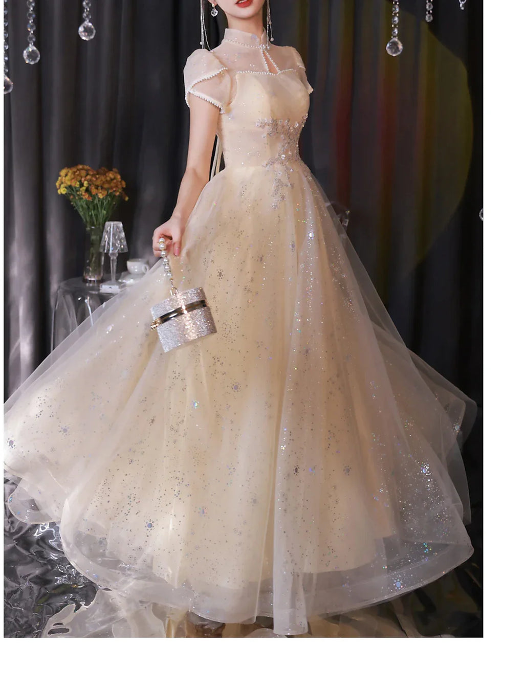 Evening Gown Sparkle & Shine Dress Engagement Prom Floor Length Short Sleeve Stand Collar with Buttons Ruched Pearls