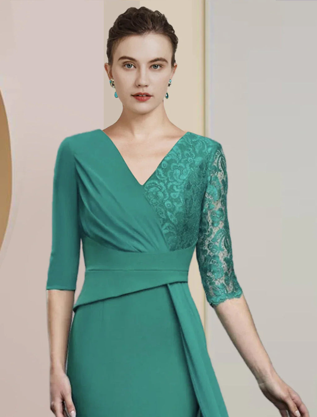 Sheath / Column Mother of the Bride Dress Formal Wedding Guest Party Elegant V Neck Floor Length Half Sleeve with Ruching