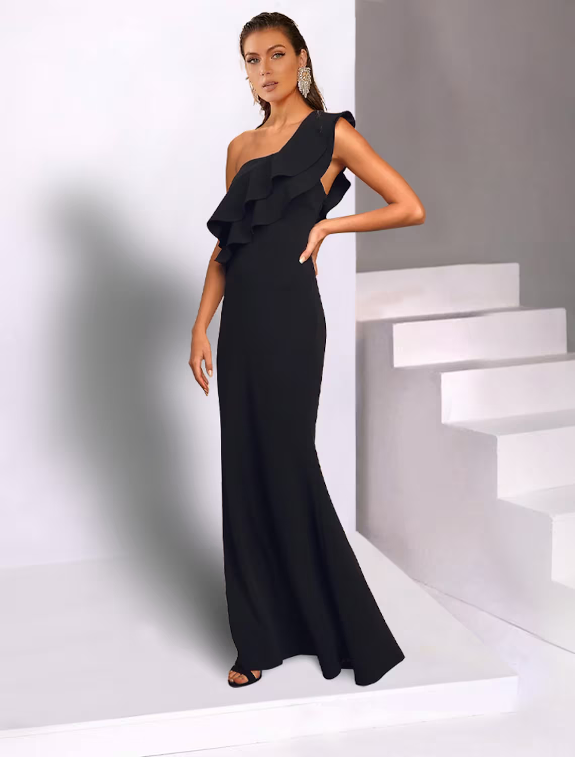 Black Mermaid / Trumpet Wedding Guest Dresses Dress Wedding Party Floor Length Sleeveless One Shoulder with Ruffles