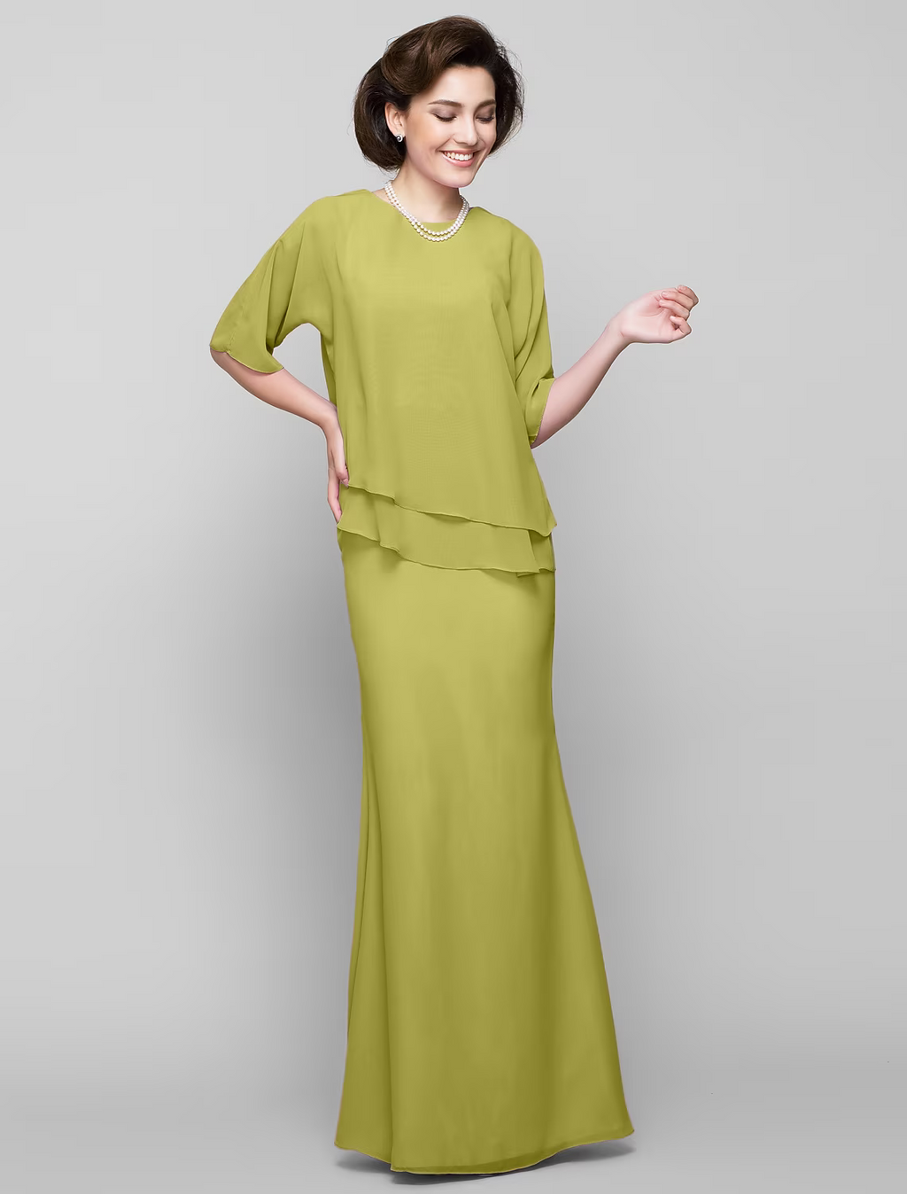 Mother of the Bride Dress Elegant Scoop Neck Floor Length Half Sleeve with Pleats