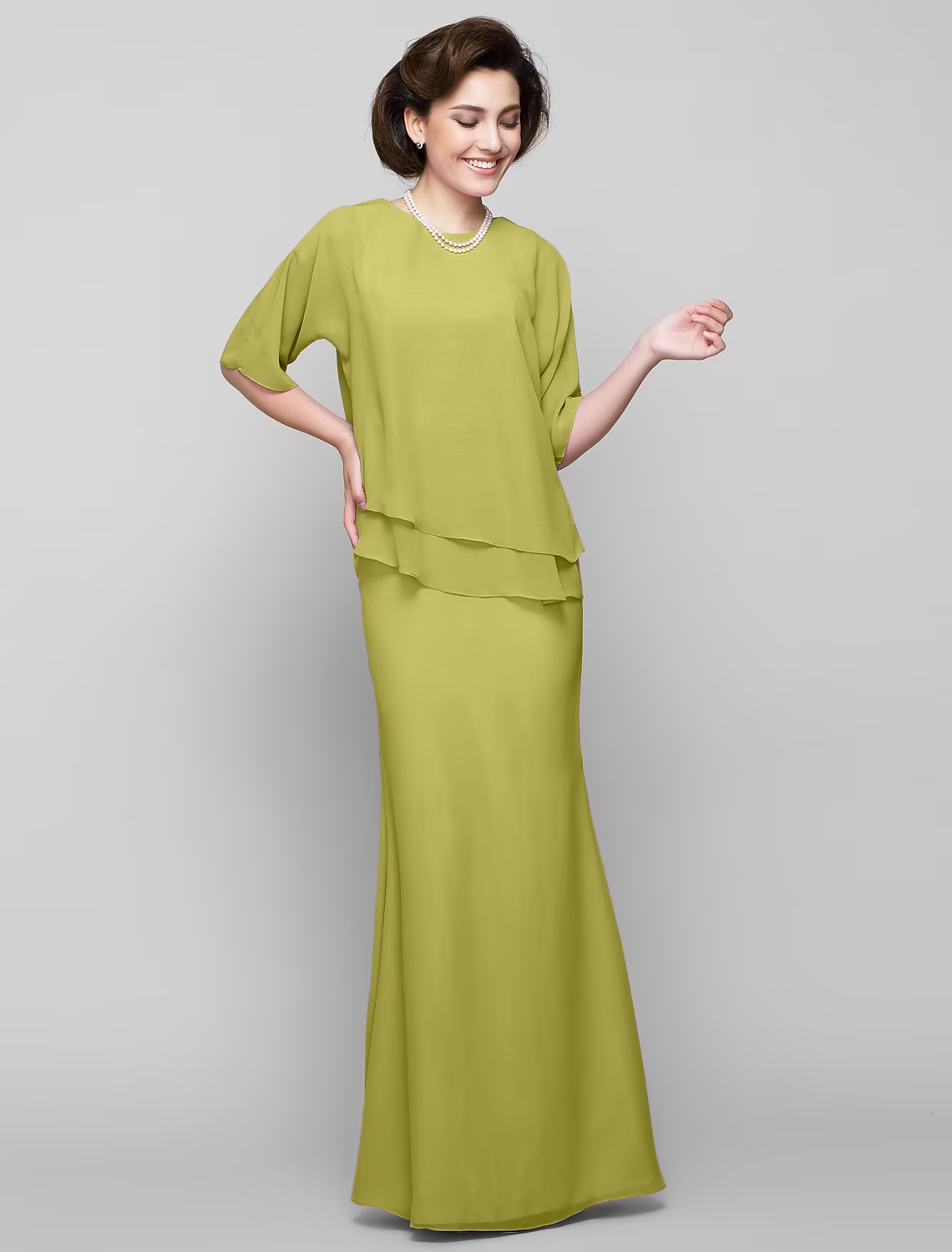 Mother of the Bride Dress Elegant Scoop Neck Floor Length Half Sleeve with Pleats