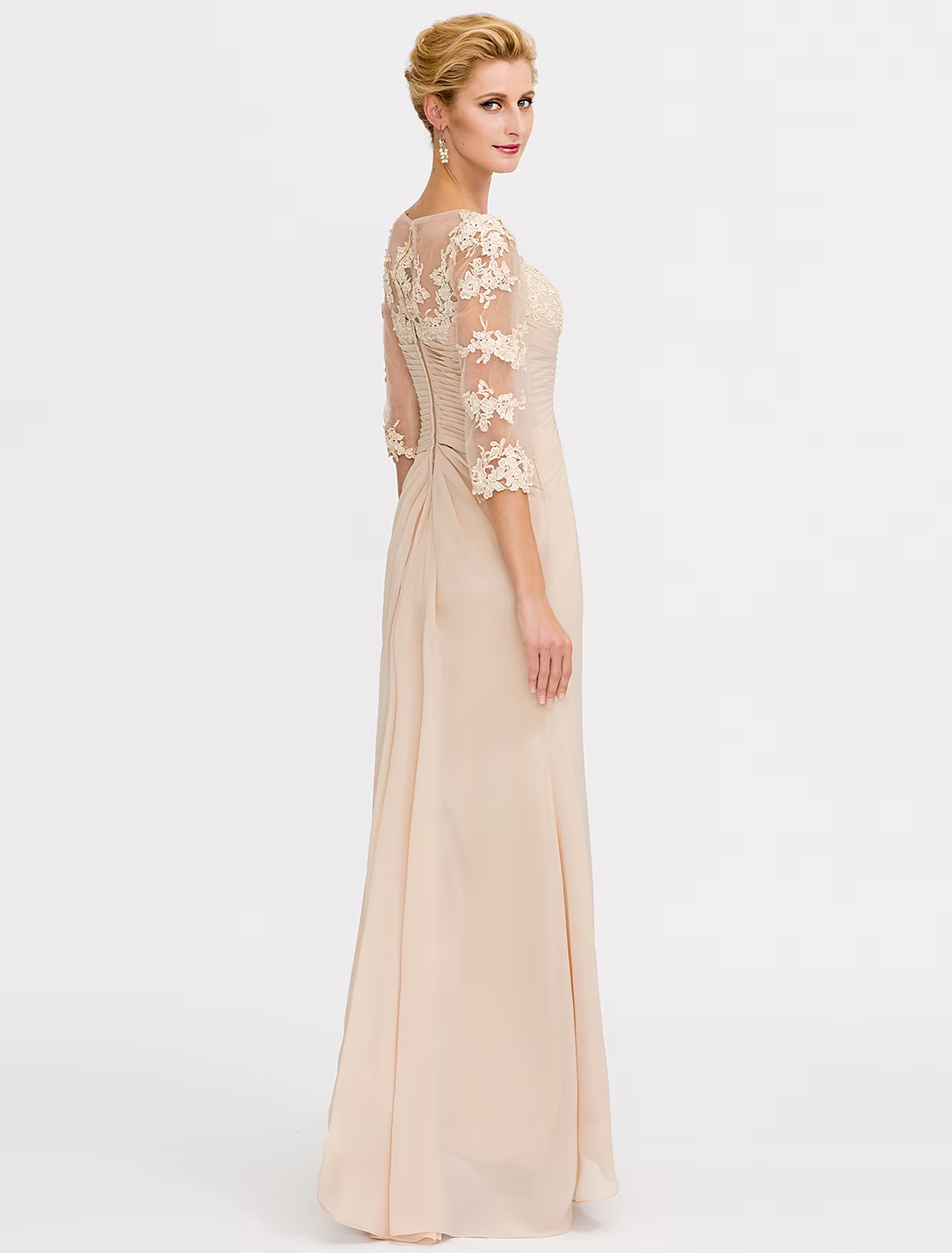 Mother of the Bride Dress Plus Size Elegant Through V Neck Floor Length Half Sleeve with Appliques Side Draping
