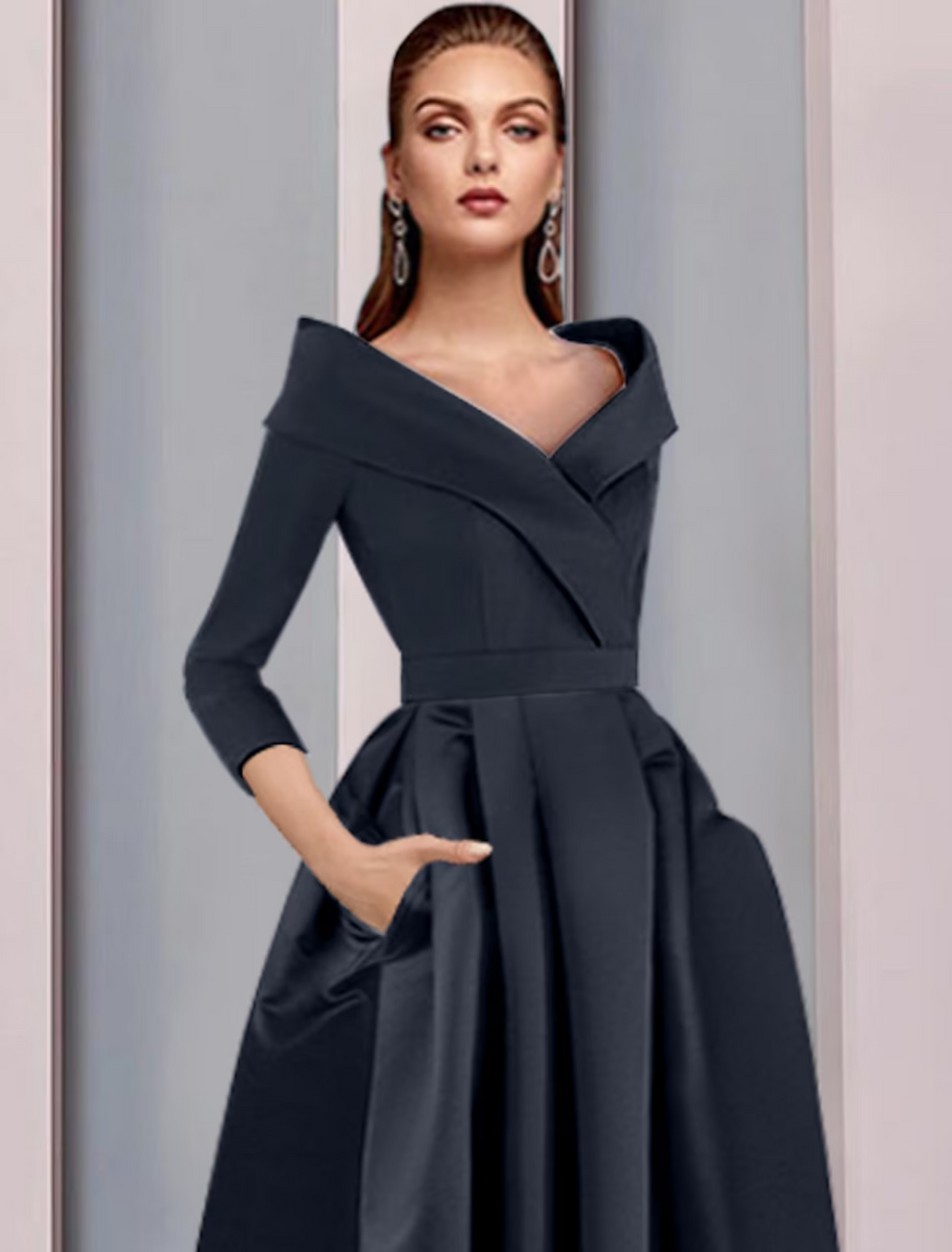 Mother of the Bride Dress Wedding Guest Vintage Plus Size Elegant V Neck Length 3/4 Length Sleeve with Pleats