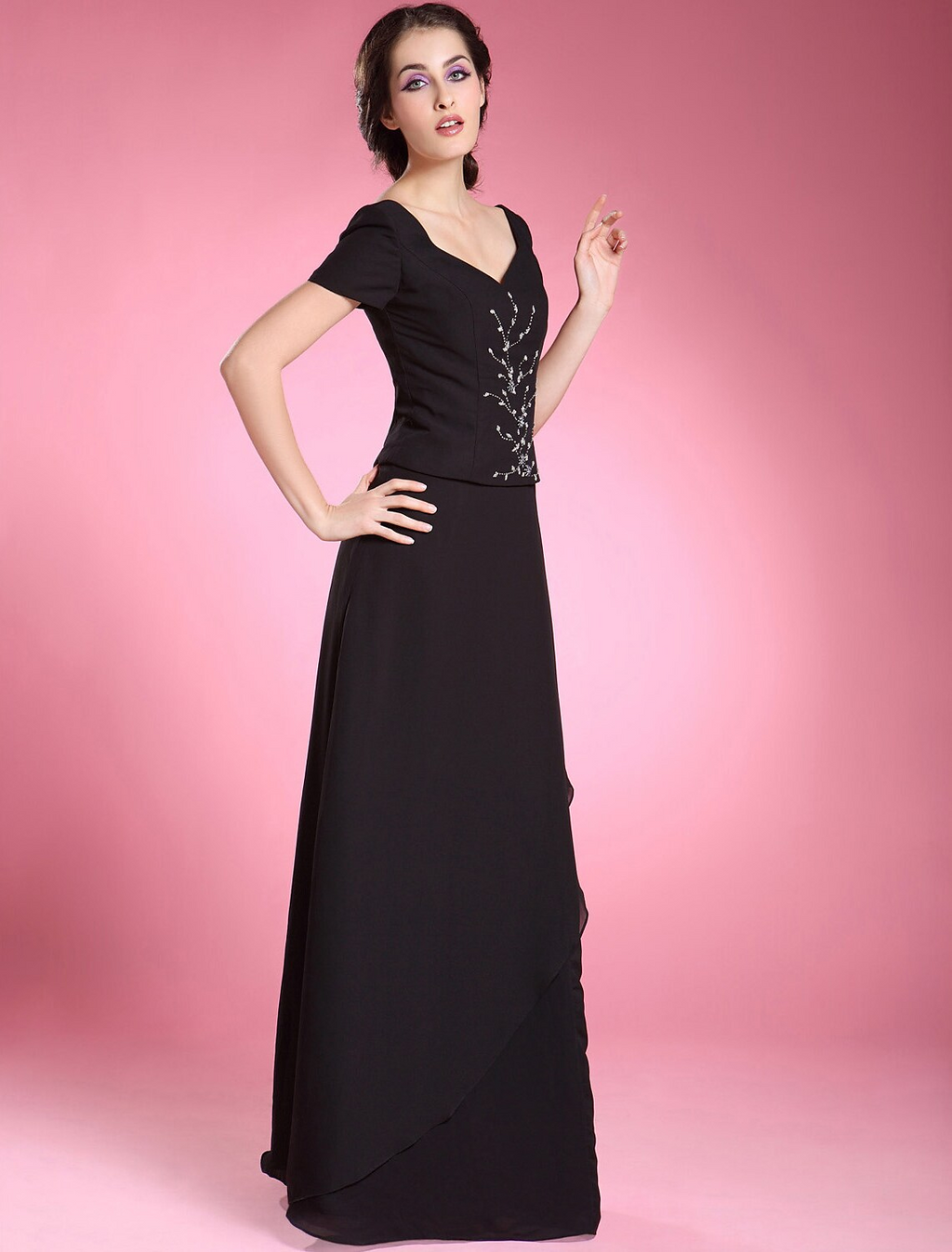 Formal Evening Floor Length Short Sleeve V Neck with Beading Ruffles