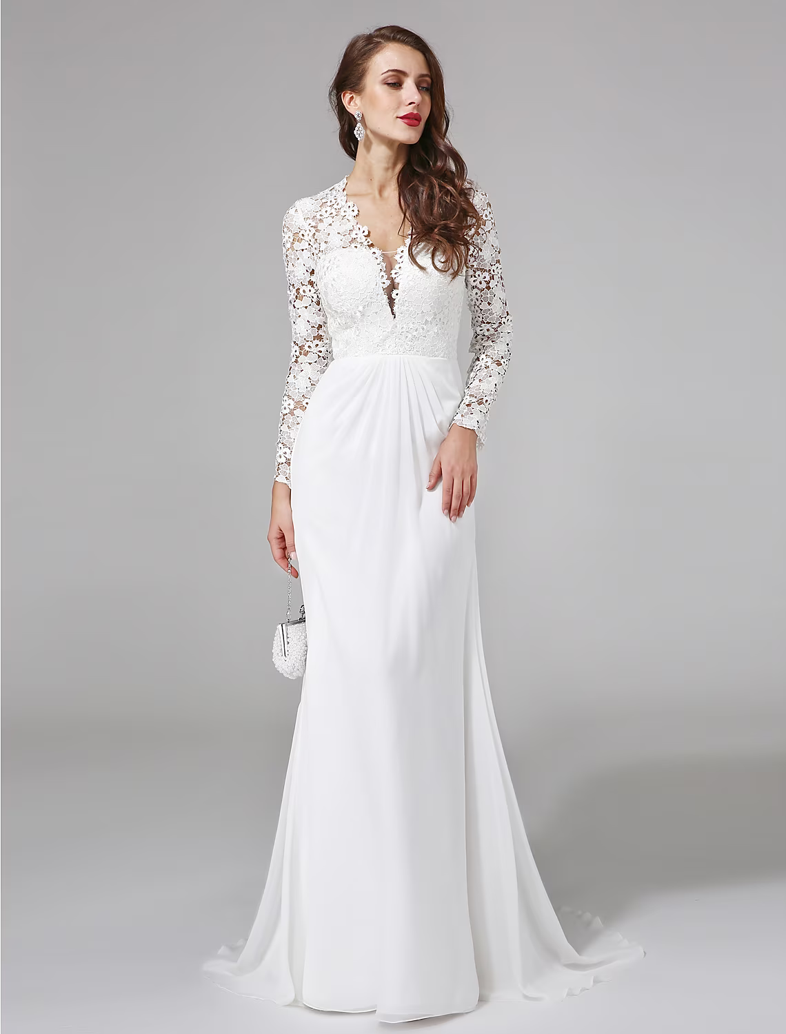 Beach Royal Style Wedding Dresses Long Sleeve V Neck With Button
