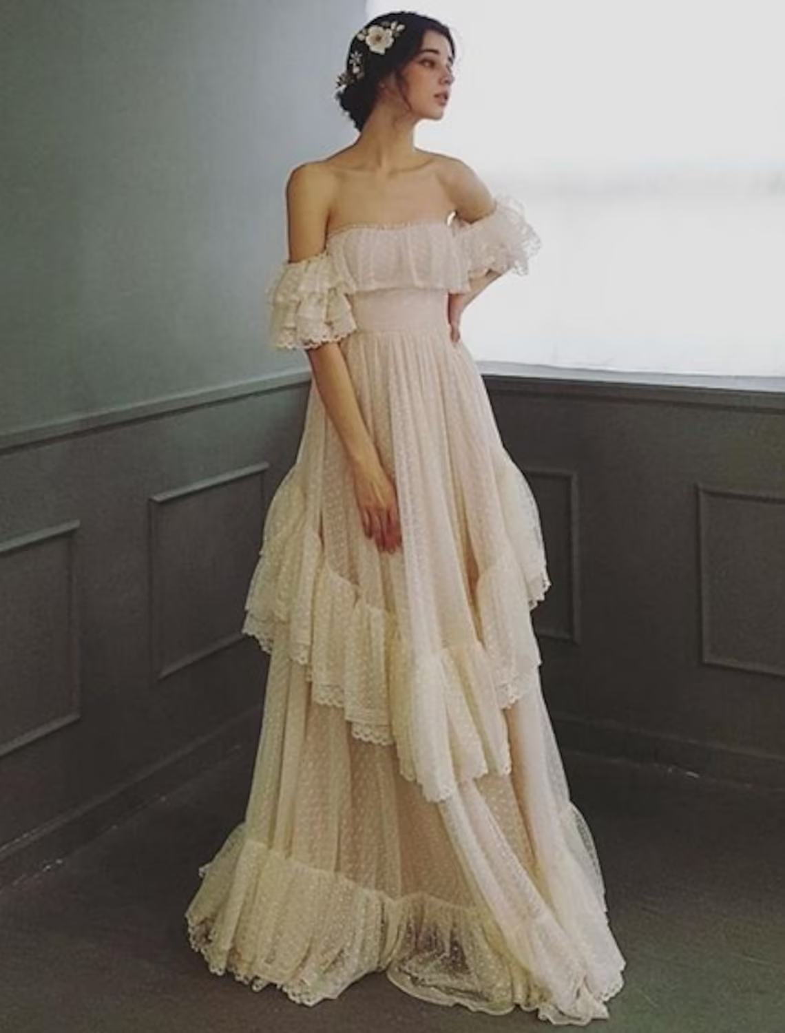 Beach Wedding Dresses A-Line Short Sleeve Off Shoulder With Ruffles