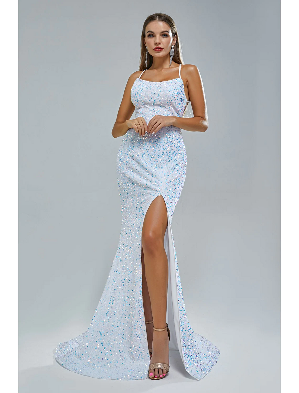 Evening Gown Elegant Dress Party Wear Train Sleeveless Strap Crisscross Back with Slit