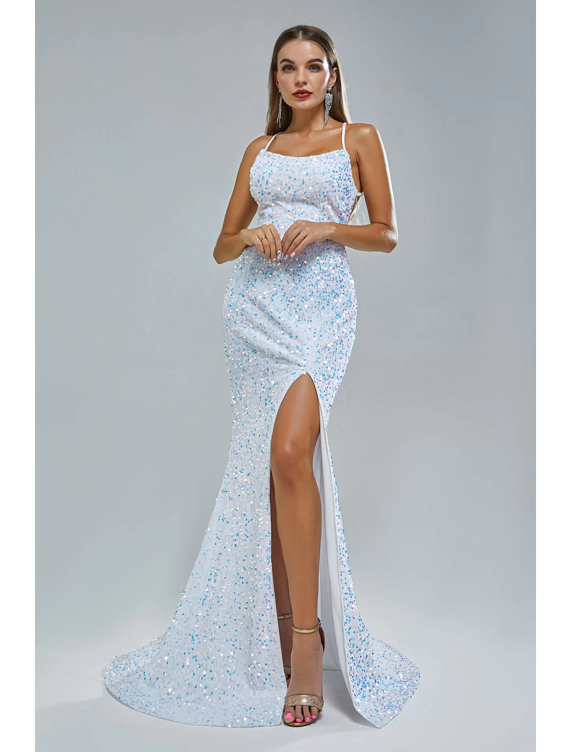 Evening Gown Elegant Dress Party Wear Train Sleeveless Strap Crisscross Back with Slit