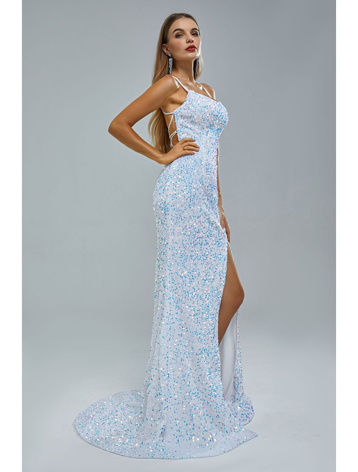 Evening Gown Elegant Dress Party Wear Train Sleeveless Strap Crisscross Back with Slit