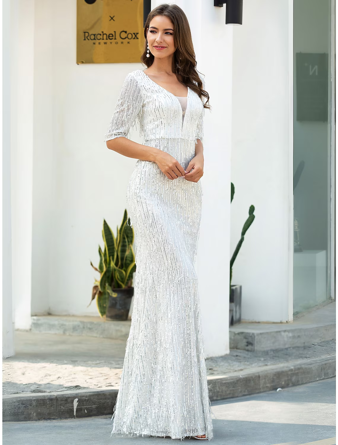 Evening Gown Glittering Dress Engagement Floor Length Half Sleeve V Neck with Tassel