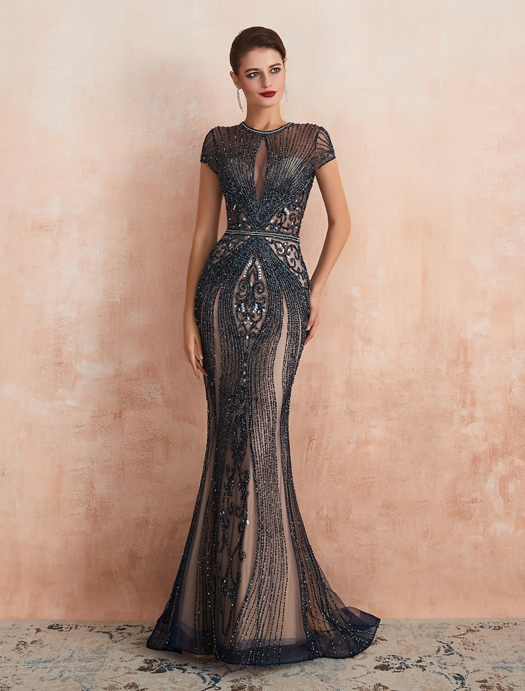 Evening Gown Luxurious Dress Engagement Short Sleeve Jewel Neck with Beading