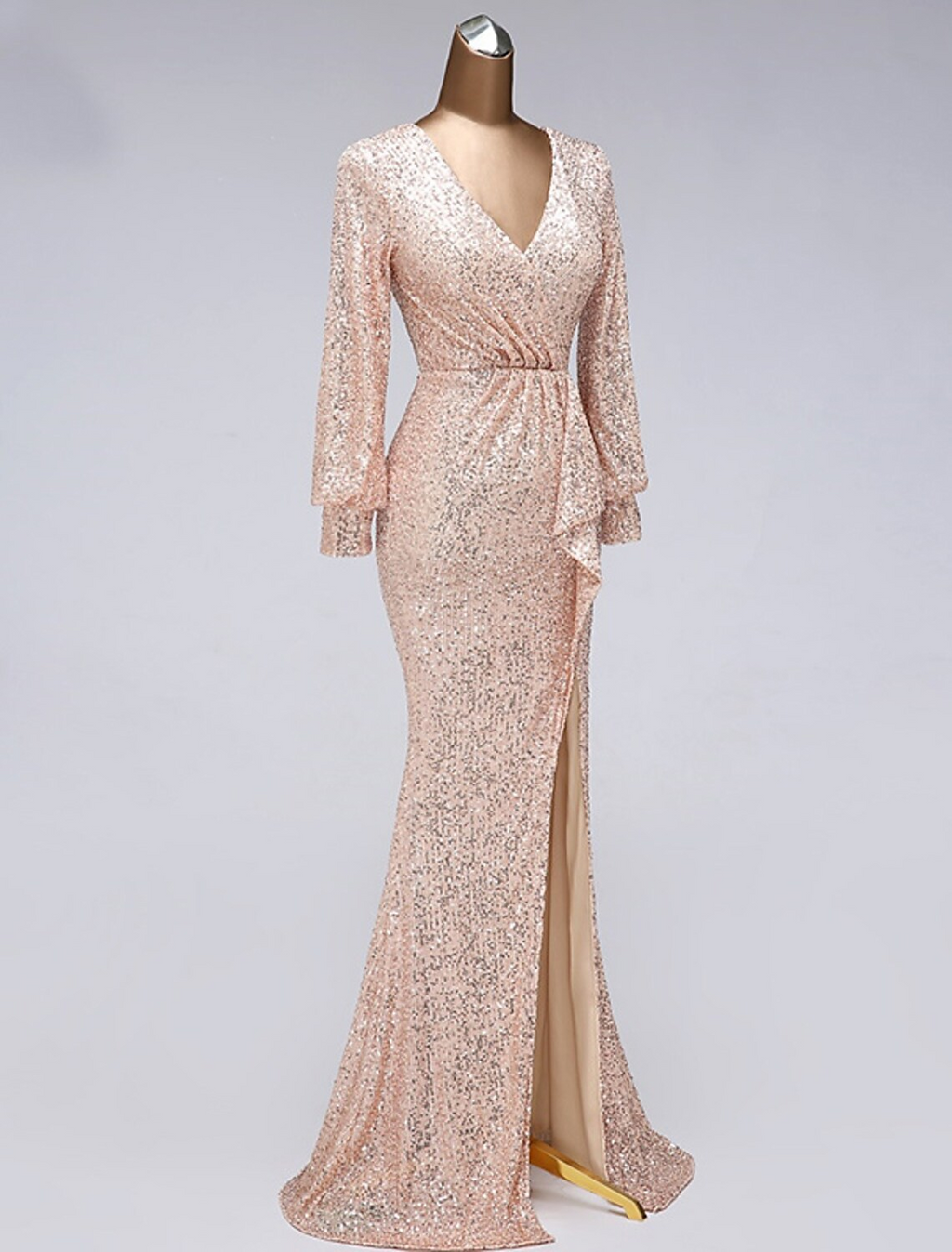 Evening Gown Elegant Dress Wedding Guest Floor Length Long Sleeve V Neck with Slit