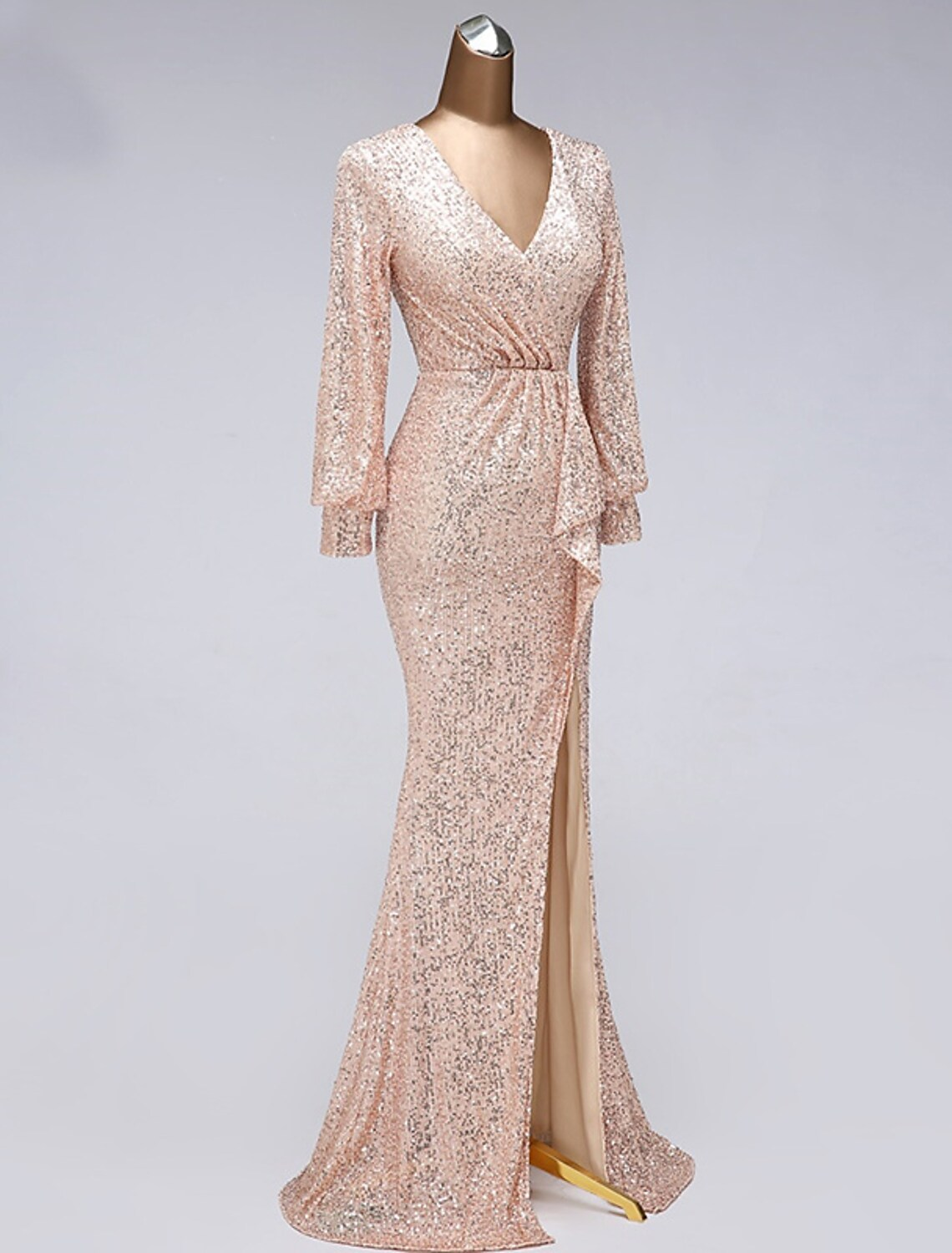 Evening Gown Elegant Dress Wedding Guest Floor Length Long Sleeve V Neck with Slit