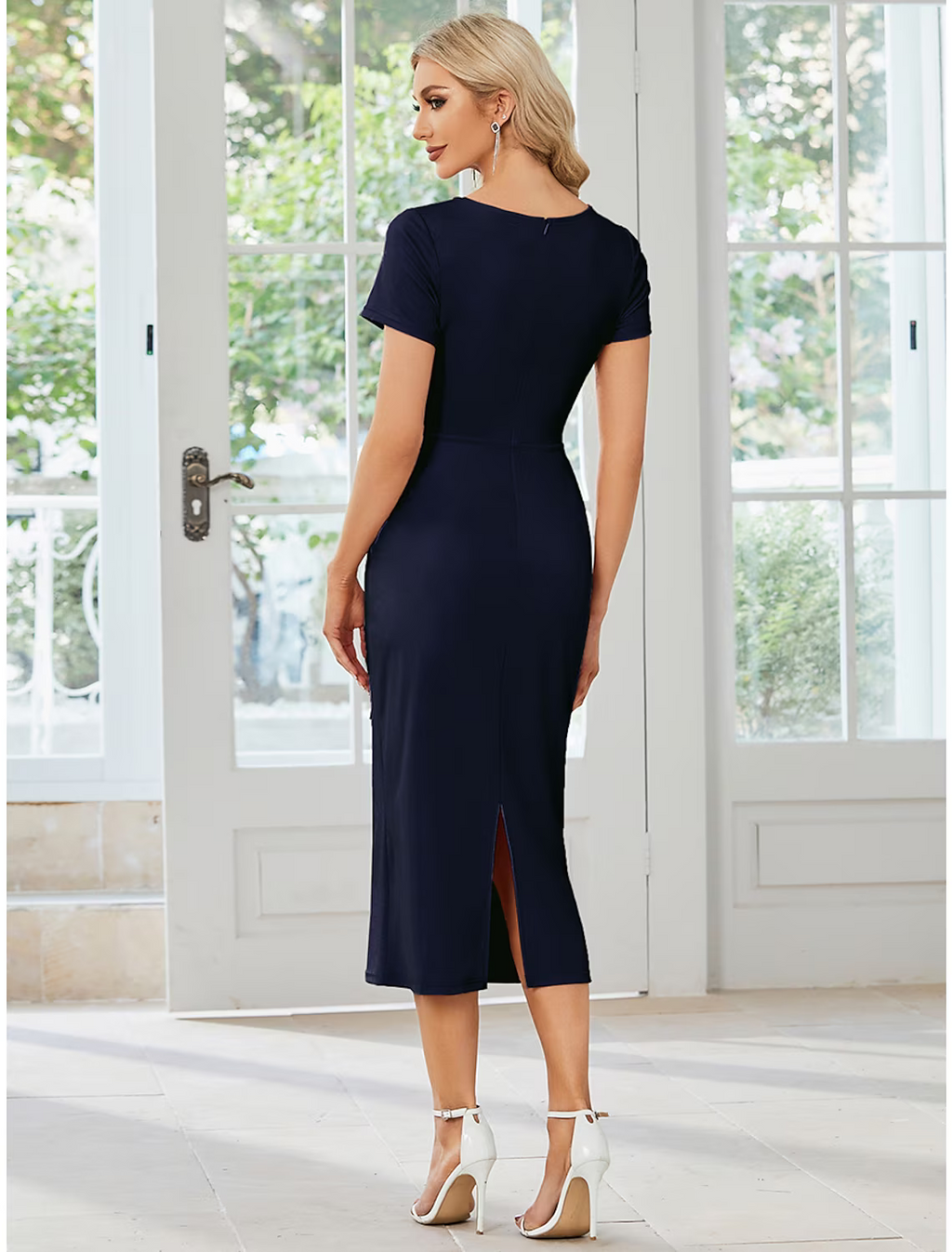 Wedding Guest Dresses Dress Party Wear Length Short Sleeve V Neck Fabric with Slit Strappy