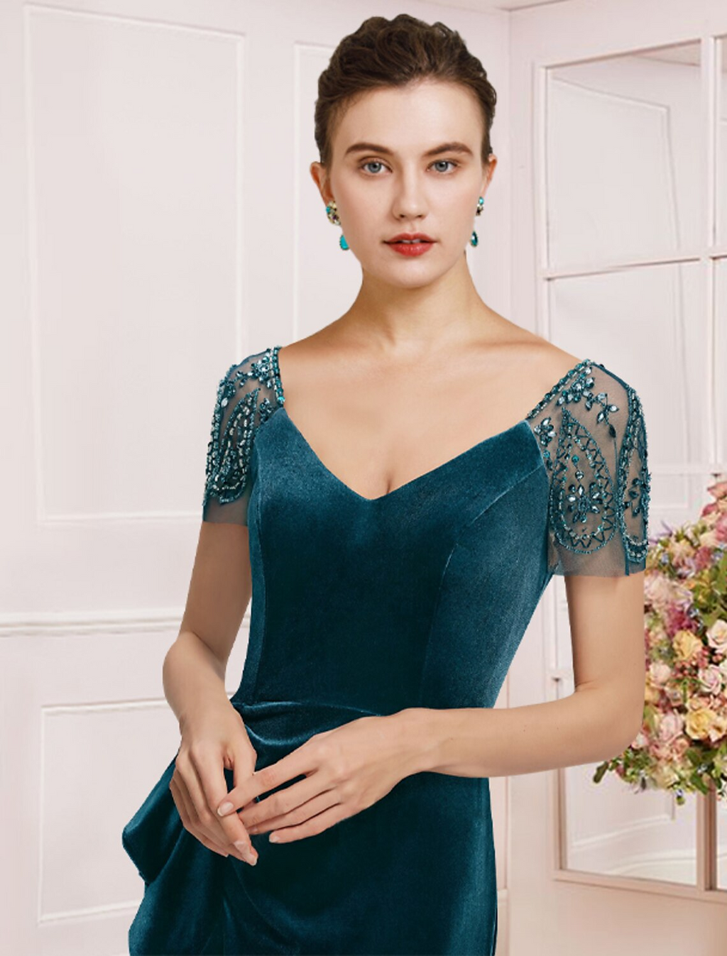 Mother of the Bride Dress Formal Vintage Elegant V Neck Short Sleeve with Ruffles Split Front