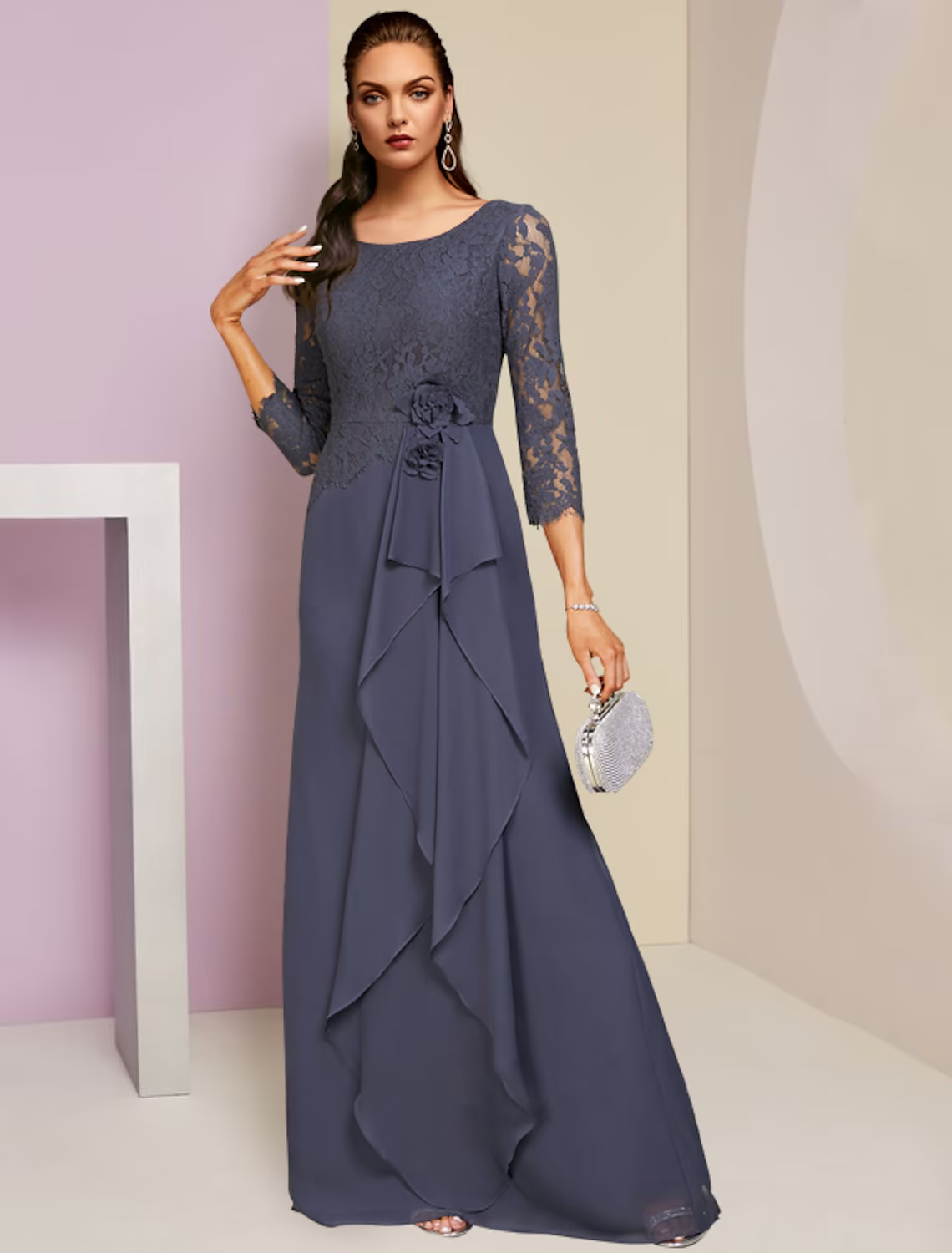 Mother of the Bride Dress Wedding Guest Party Elegant Scoop Neck Floor Length Sleeve with Ruffles Appliques
