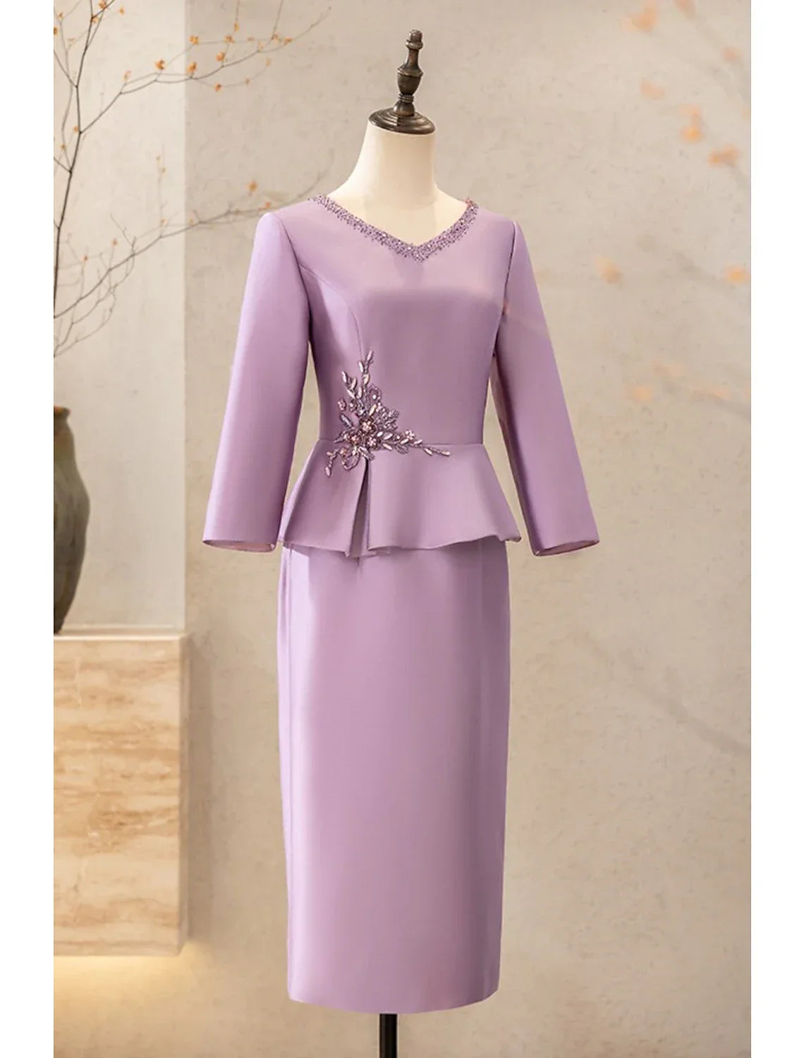 Two Piece Cocktail Dresses Elegant Dress Wedding Party Tea Length Long Sleeve V Neck with Appliques