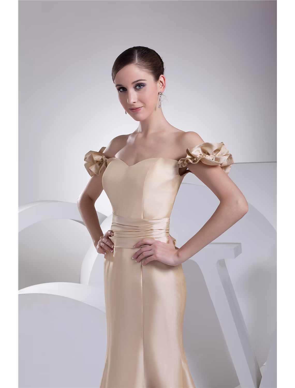 Evening Gown Elegant Dress Engagement Court Train Short Sleeve Sweetheart with Sash Ribbon