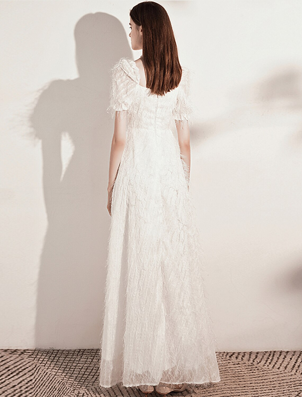 Evening Gown Dress Wedding Guest Floor Length Short Sleeve Scoop Neck with Buttons