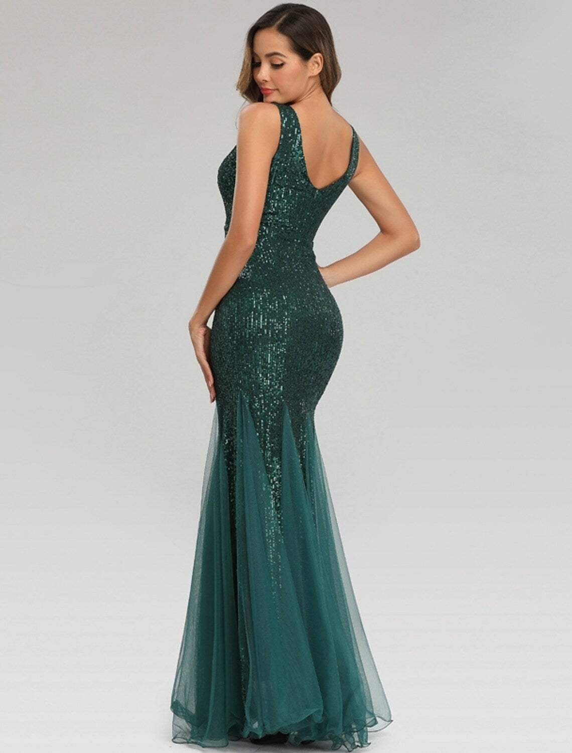 Sparkle Sexy Party Wear Formal Evening Dress V Neck Sleeveless Floor Length