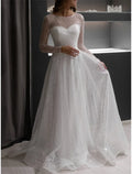 Evening Gown Sparkle & Shine Dress Wedding Court Train Long Sleeve Jewel Neck Fall Wedding Reception with Glitter