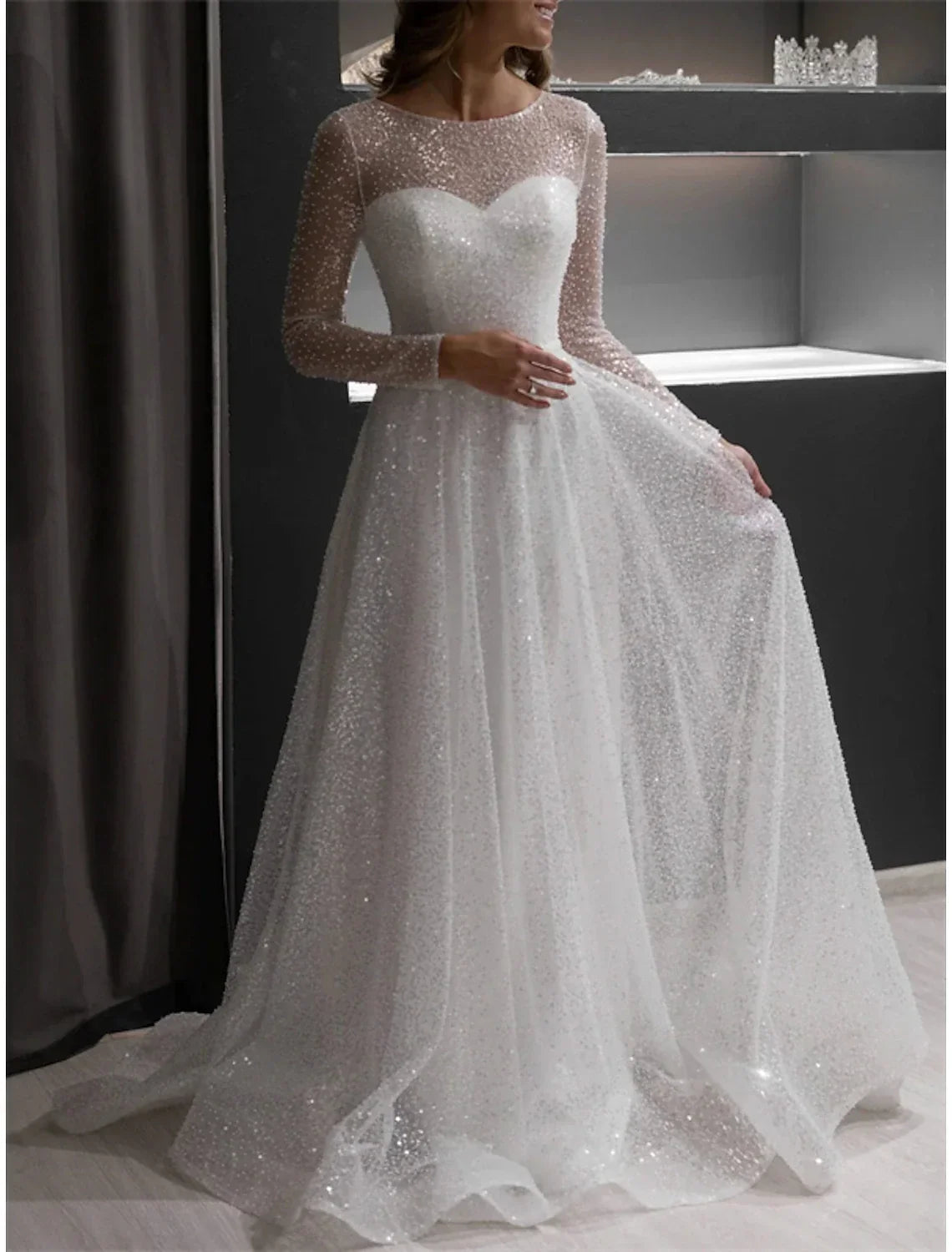 Evening Gown Sparkle & Shine Dress Wedding Court Train Long Sleeve Jewel Neck Fall Wedding Reception with Glitter