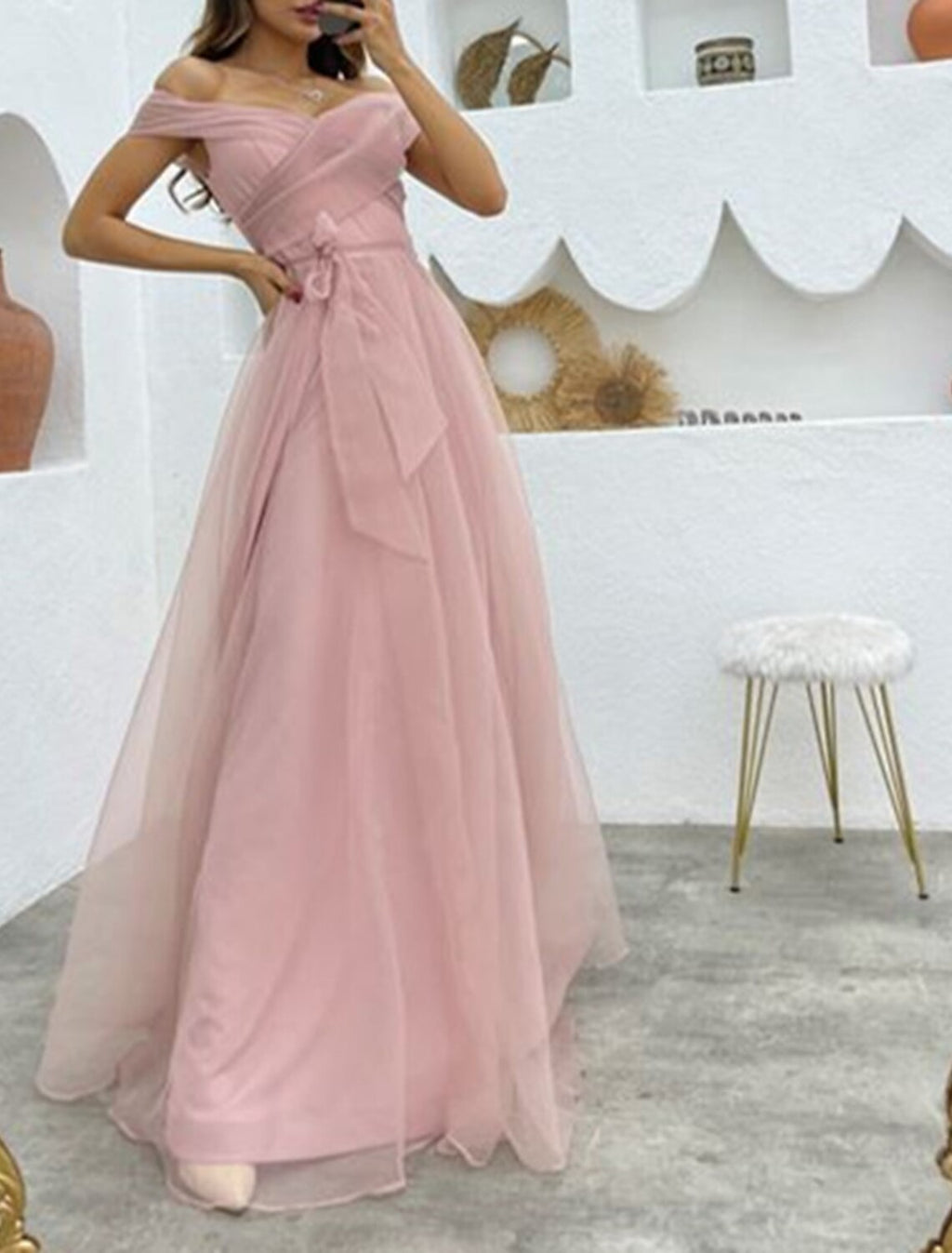 Evening Gown 1950s Dress Formal Wedding Reception Floor Length Sleeveless Off Shoulder with Strappy