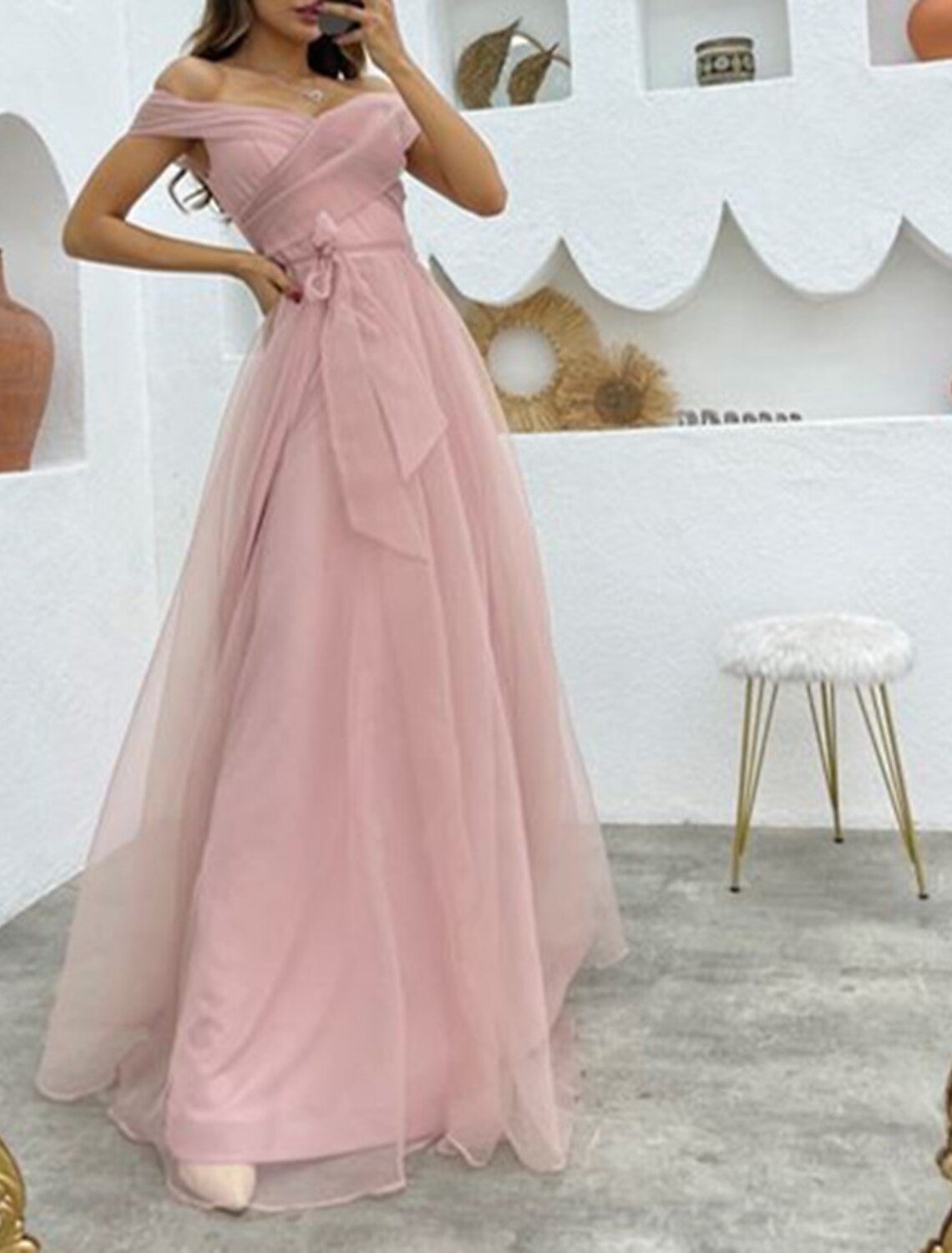 Evening Gown 1950s Dress Formal Wedding Reception Floor Length Sleeveless Off Shoulder with Strappy