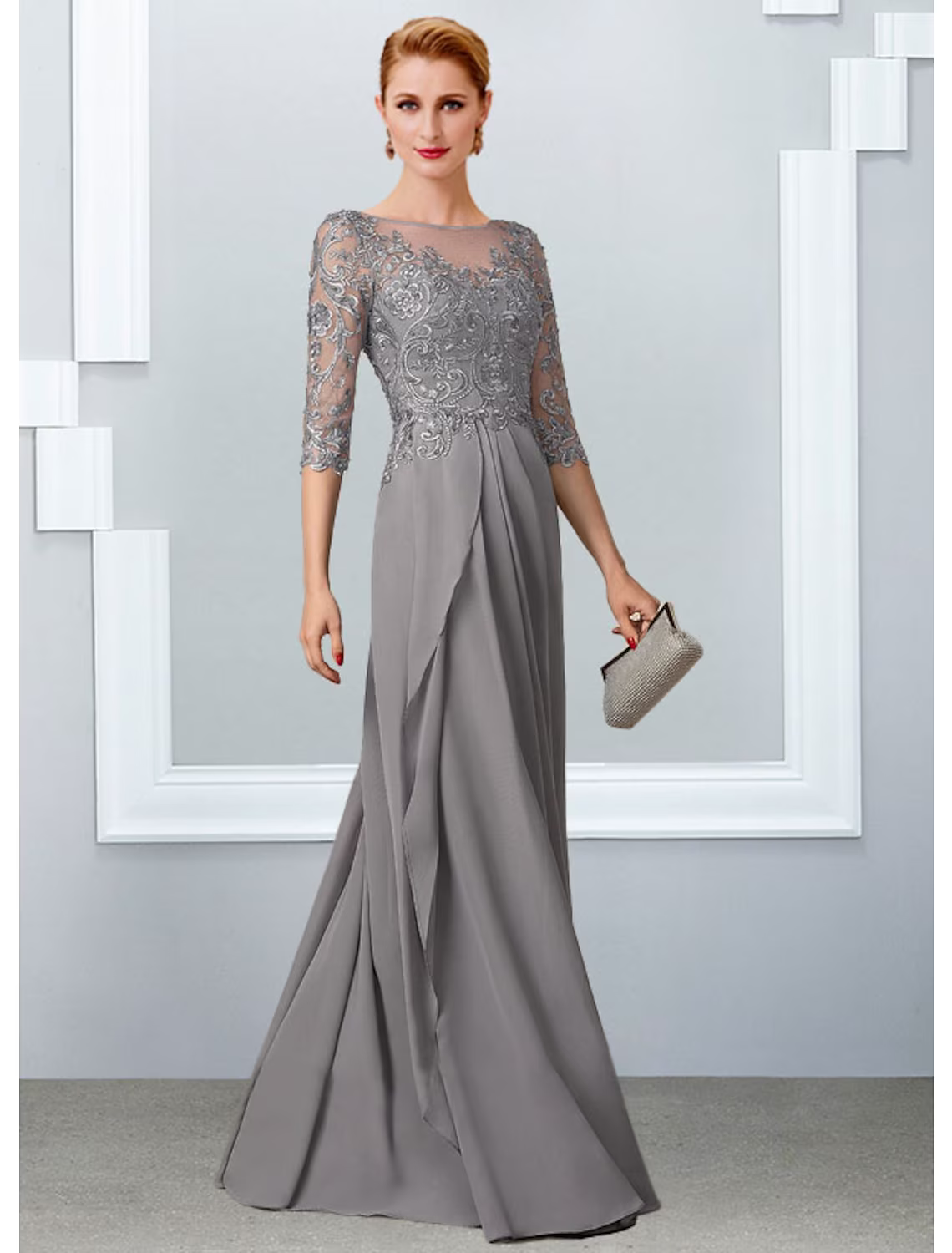 Mother of the Bride Dress Elegant Floor Length Half Sleeve with Appliques
