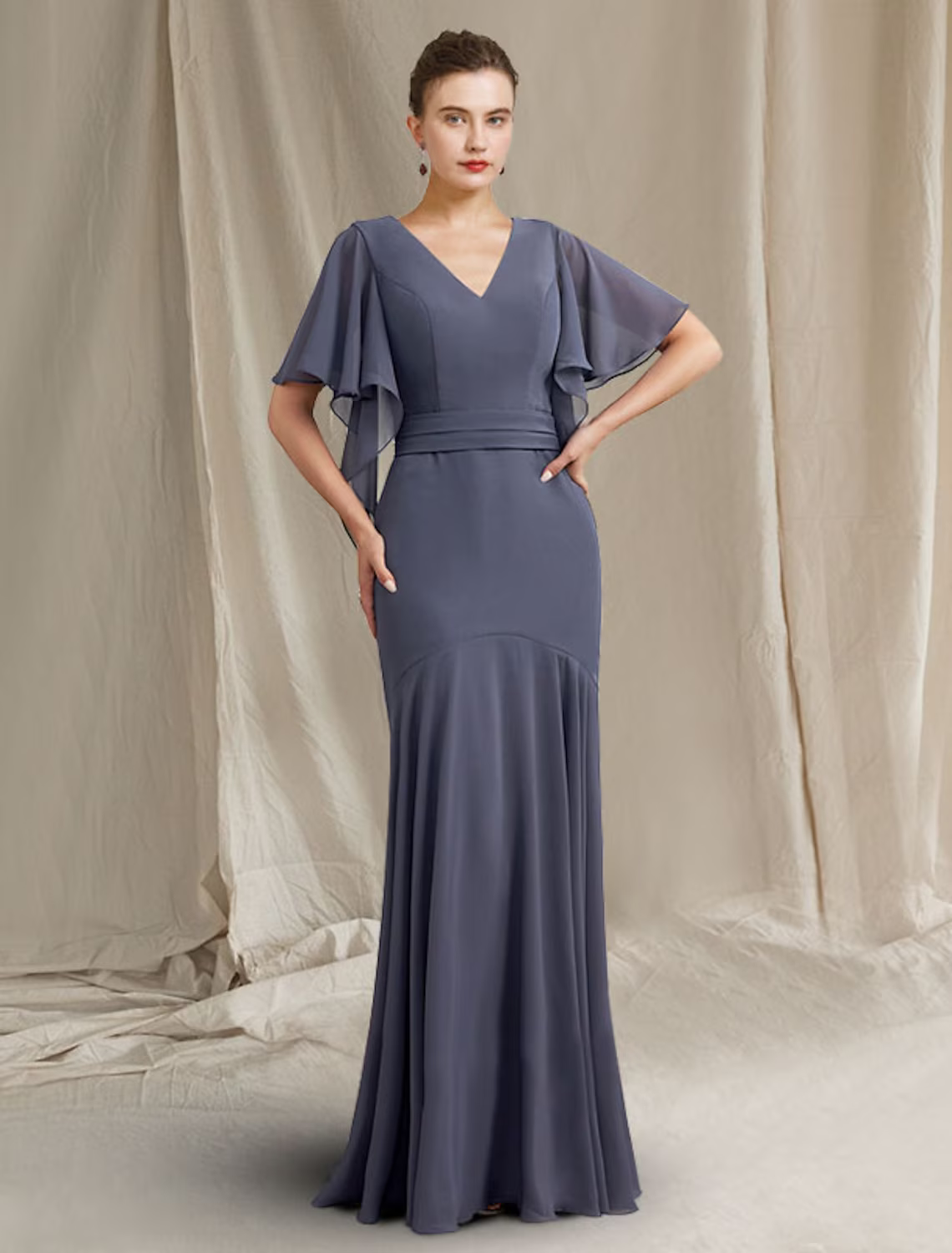 Mother of the Bride Dress Simple Plus Size Elegant V Neck Floor Length Short Sleeve with Pleats Ruched