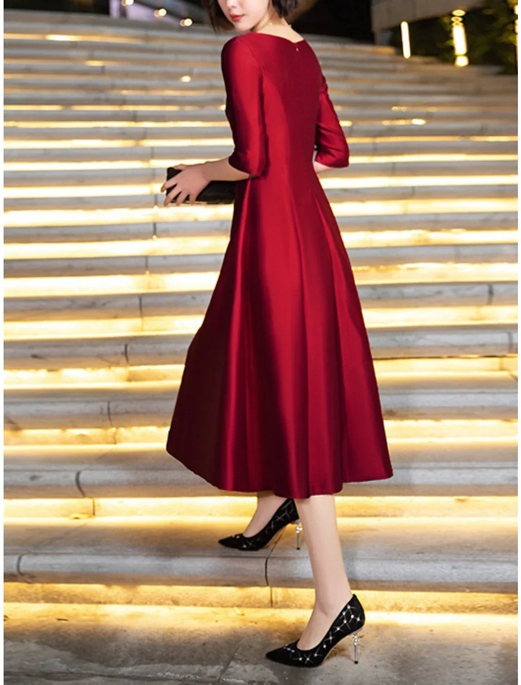 Mother of the Bride Dress Wedding Guest Vintage Elegant Petite Scoop Neck Tea Length Half Sleeve with Crystals Embroidery
