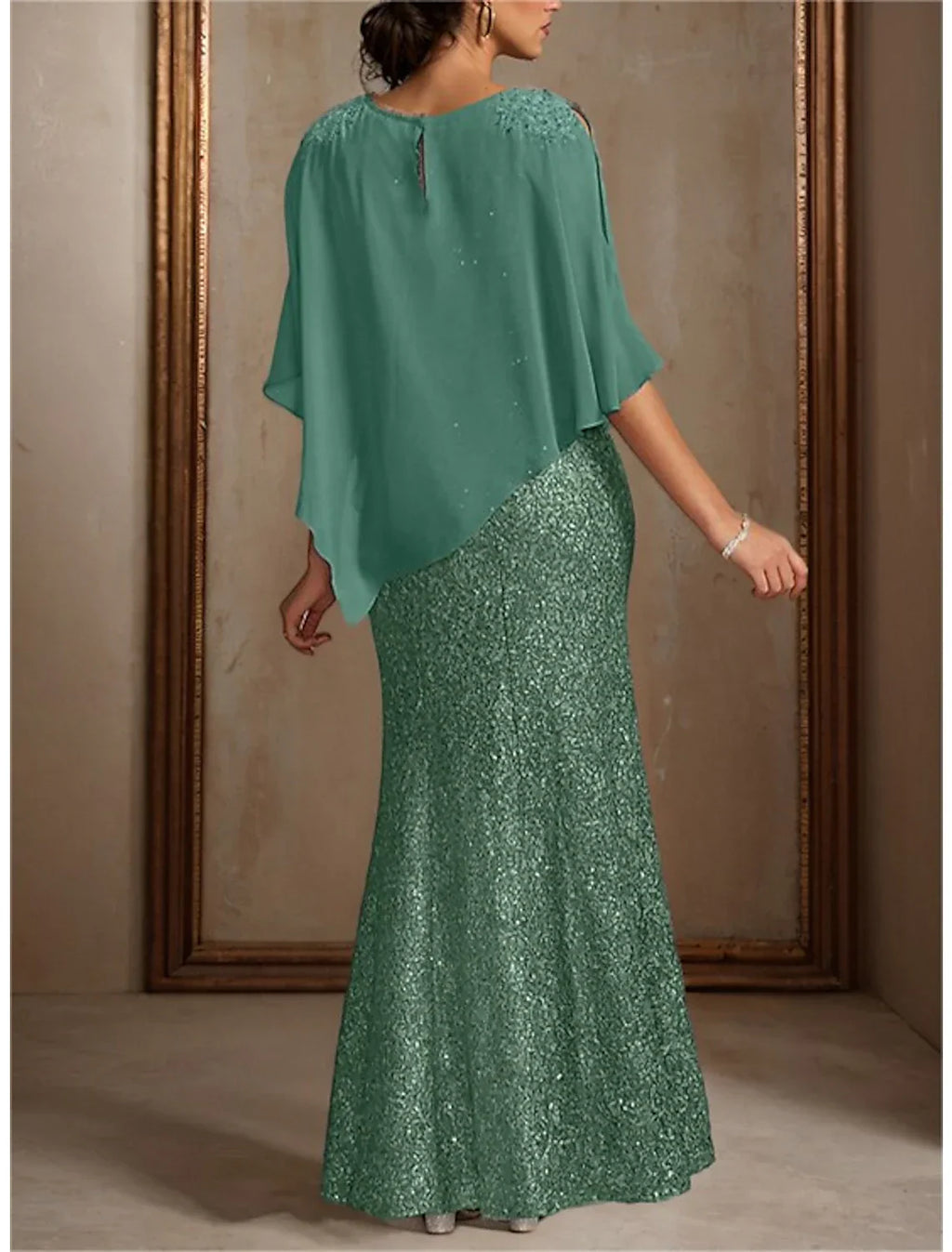 Two Piece Mermaid / Trumpet Mother of the Bride Dress Formal Wedding Guest Elegant Jewel Neck Floor Length 3/4 Length Sleeve Wrap Included with Beading