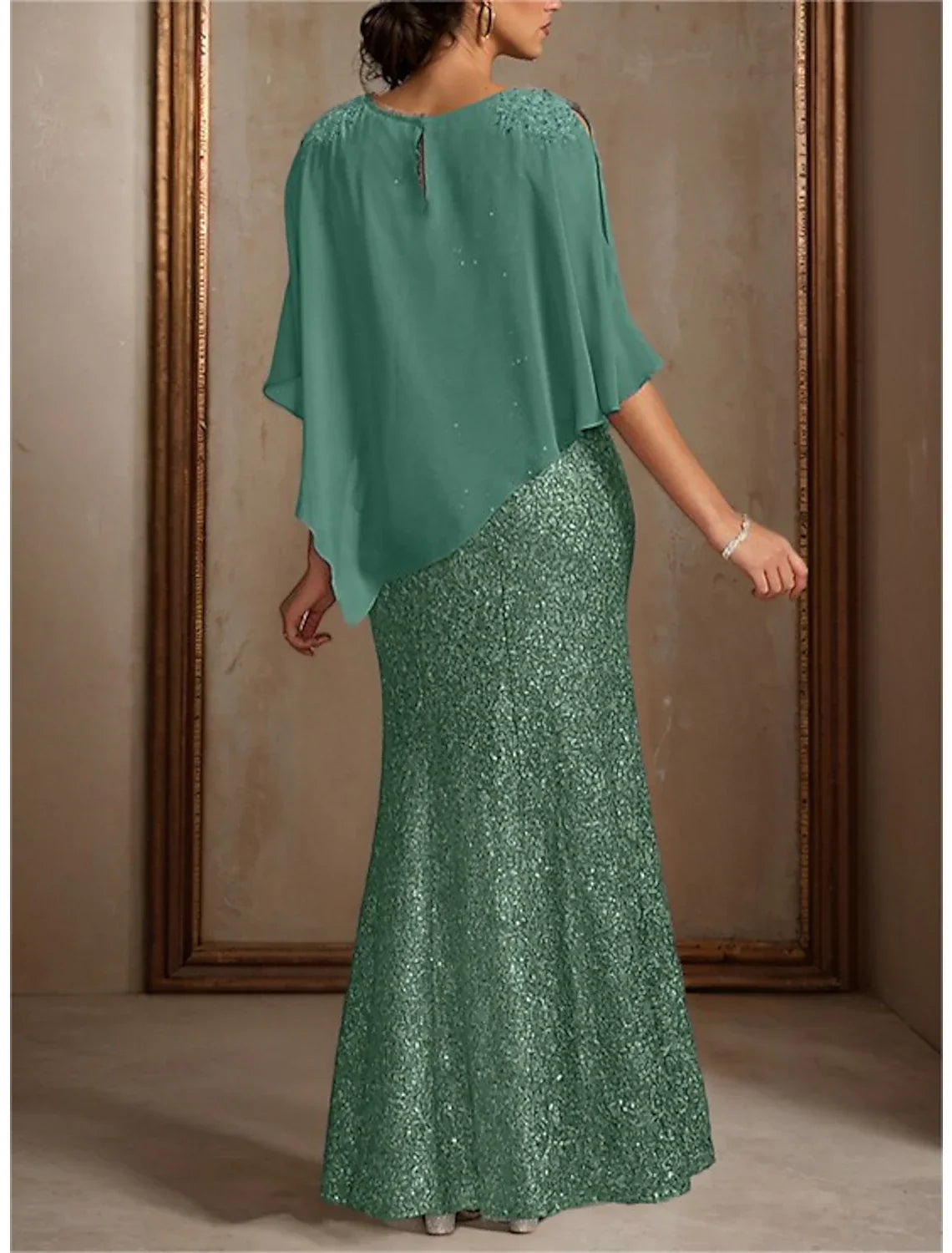 Two Piece Mermaid / Trumpet Mother of the Bride Dress Formal Wedding Guest Elegant Jewel Neck Floor Length 3/4 Length Sleeve Wrap Included with Beading