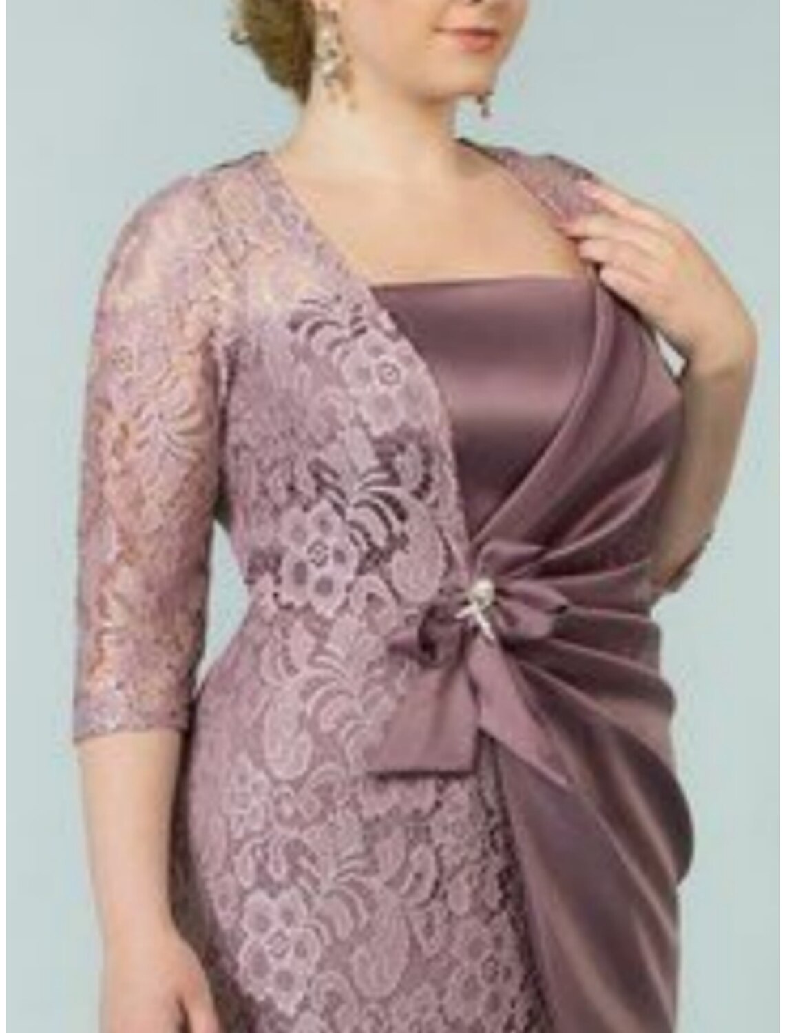 Mother of the Bride Dresses Plus Size Curve Hide Belly Wedding Guest Party Elegant Square Neck Tea Length Imitated 3/4 Length Sleeve with Bow(s)