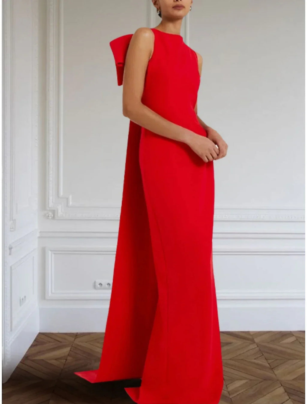 Green Sheath / Column Christmas Red Dress Evening Gown Elegant Dress Formal Sweep / Brush Train Sleeveless Jewel Neck Fabric with Bow(s)