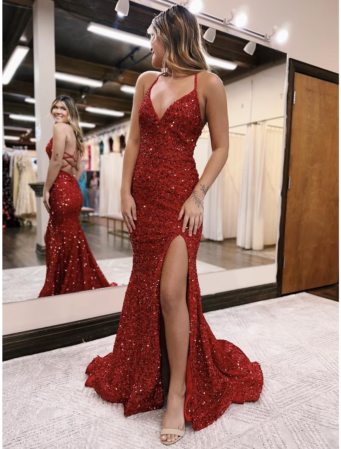 Sparkle Shine Dress Formal Sleeveless V Neck Backless with Slit