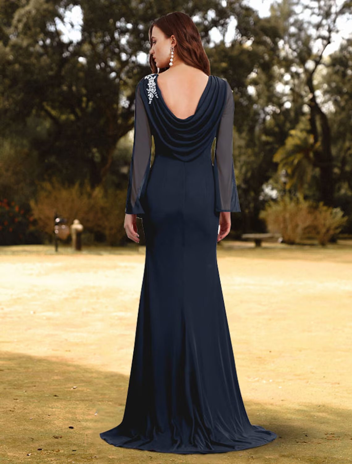 Sheath / Column Evening Gown Empire Dress Wedding Guest Sweep / Brush Train Long Sleeve Jewel Neck with Sash / Ribbon Pure Color Shouder Flower