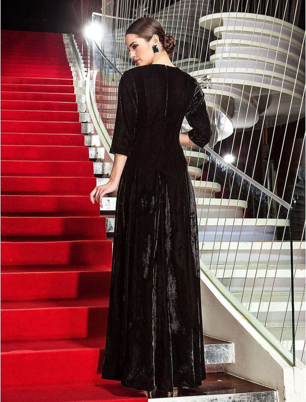 Celebrity Style Dress Wedding Guest Floor Length 3/4 Length Sleeve Jewel Neck with Pleats