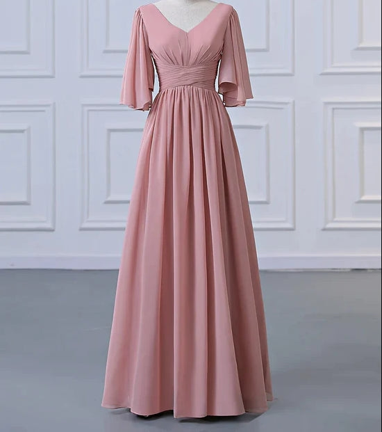 Bridesmaid Dress V Neck Half Sleeve Elegant Floor Length with Pleats / Ruffles