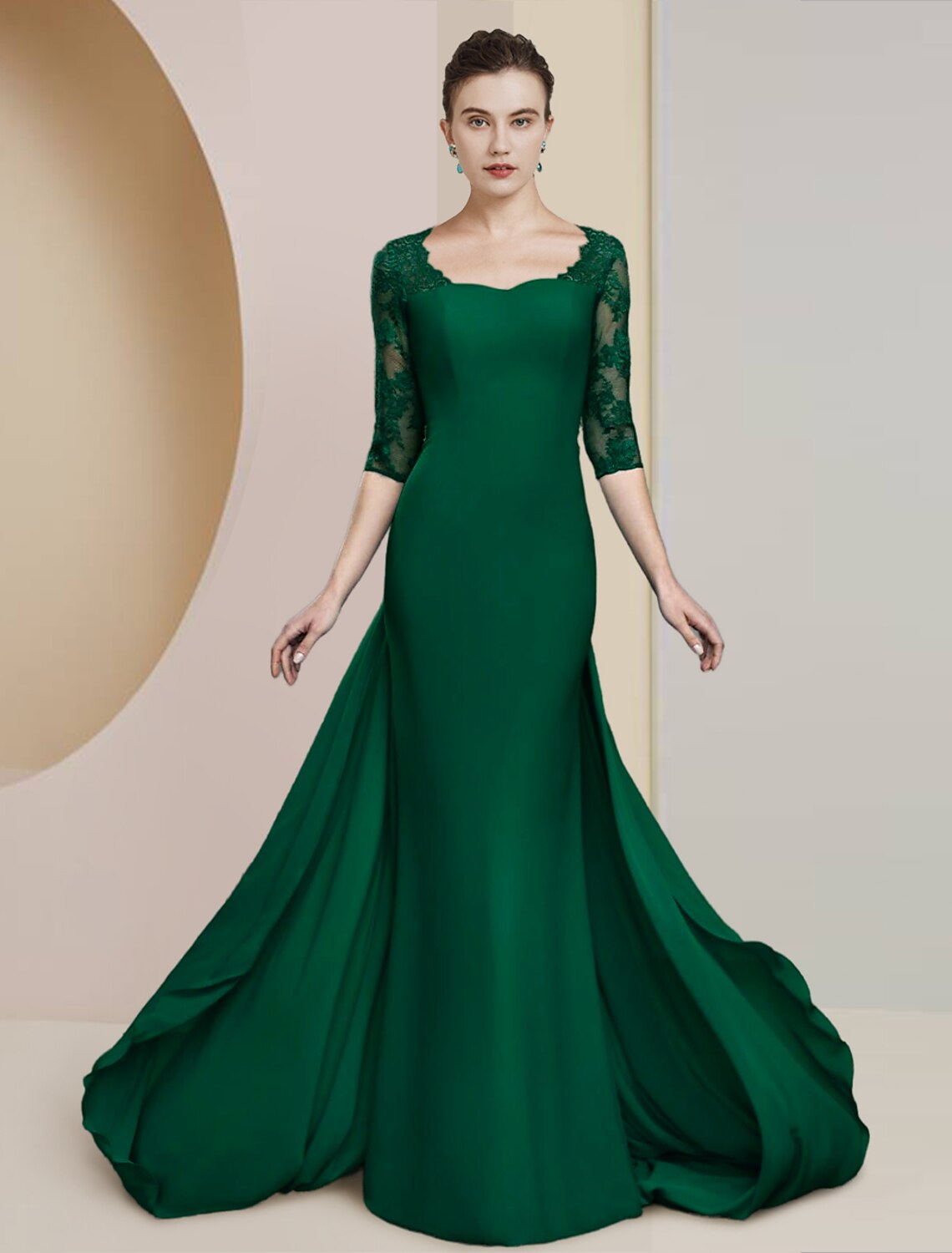Sheath / Column Mother of the Bride Dress Formal Wedding Guest Elegant Scoop Neck Floor Length Half Sleeve with Appliques