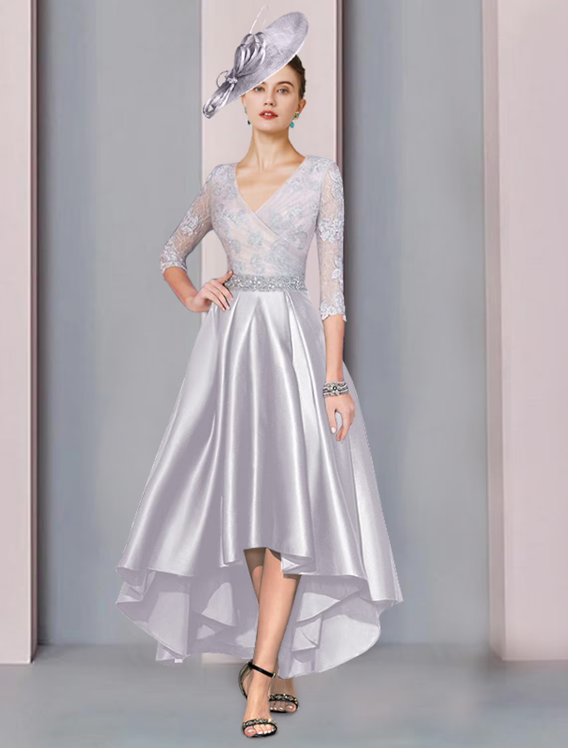 Mother of the Bride Dress Formal Elegant V Neck Asymmetrical Ankle Length Sleeve with Crystals Appliques