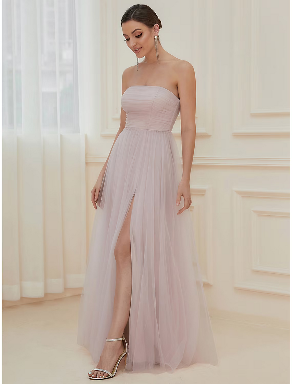 Evening Gown Elegant Dress Wedding Guest Floor Length Sleeveless Off Shoulder with Tiered