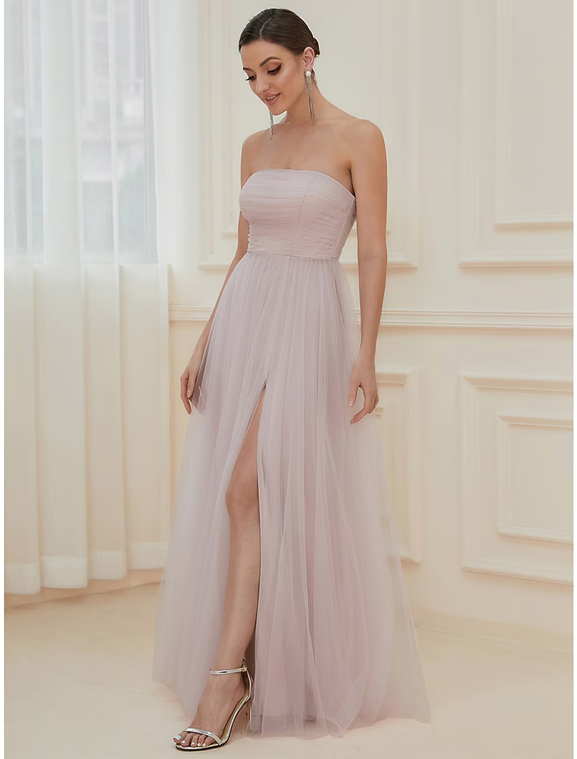 Evening Gown Elegant Dress Wedding Guest Floor Length Sleeveless Off Shoulder with Tiered