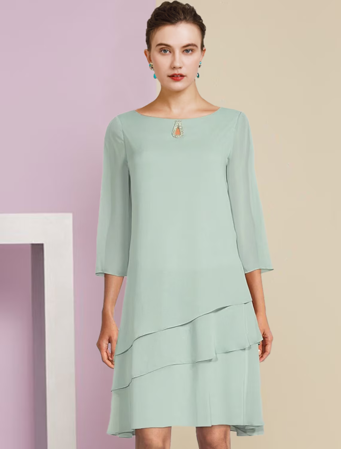 Two Piece A-Line Mother of the Bride Dress Formal Wedding Guest Elegant Scoop Neck Knee Length Length Sleeve with Tier
