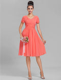 Bridesmaid Dress V Neck Short Sleeve Vintage Inspired Knee Length with Ruched Draping