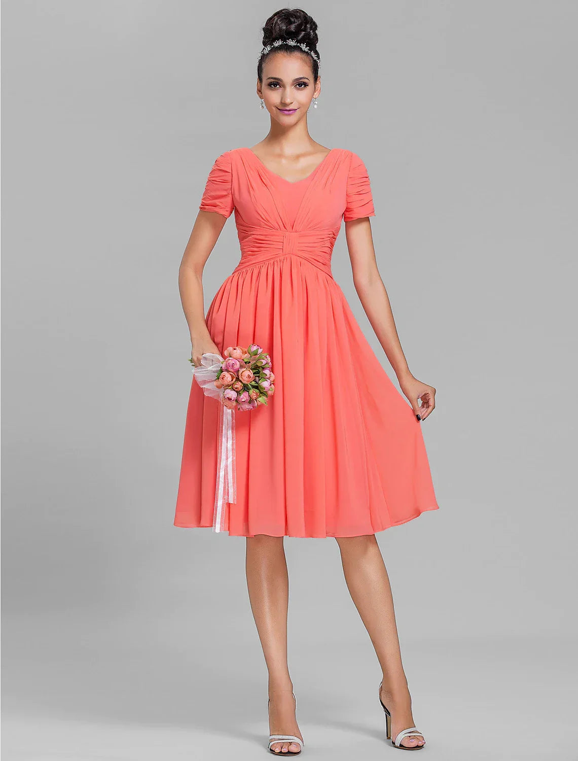 Bridesmaid Dress V Neck Short Sleeve Vintage Inspired Knee Length with Ruched Draping